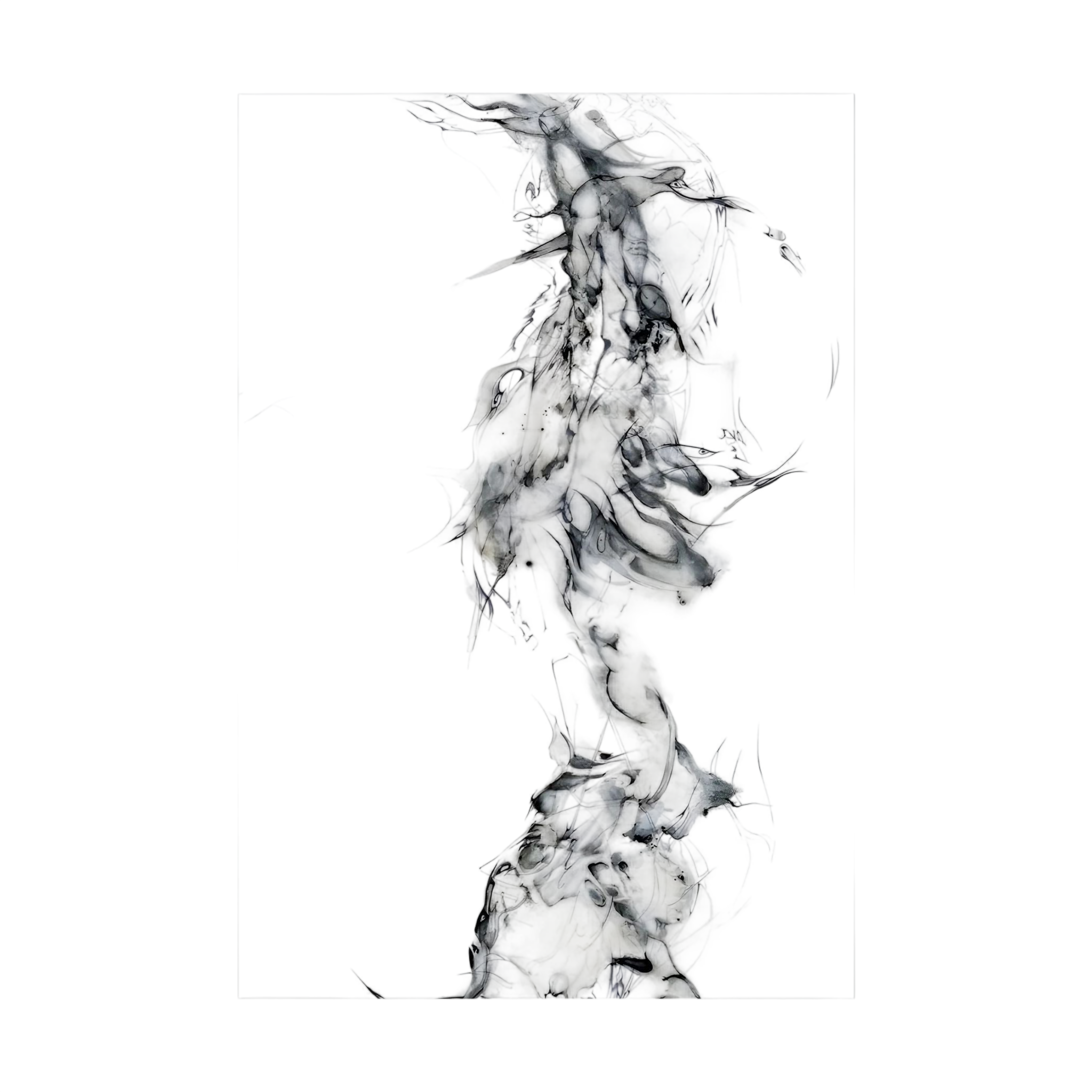 Delicate black and grey ink forms rising through white negative space like drifting smoke, shown in product view 3.