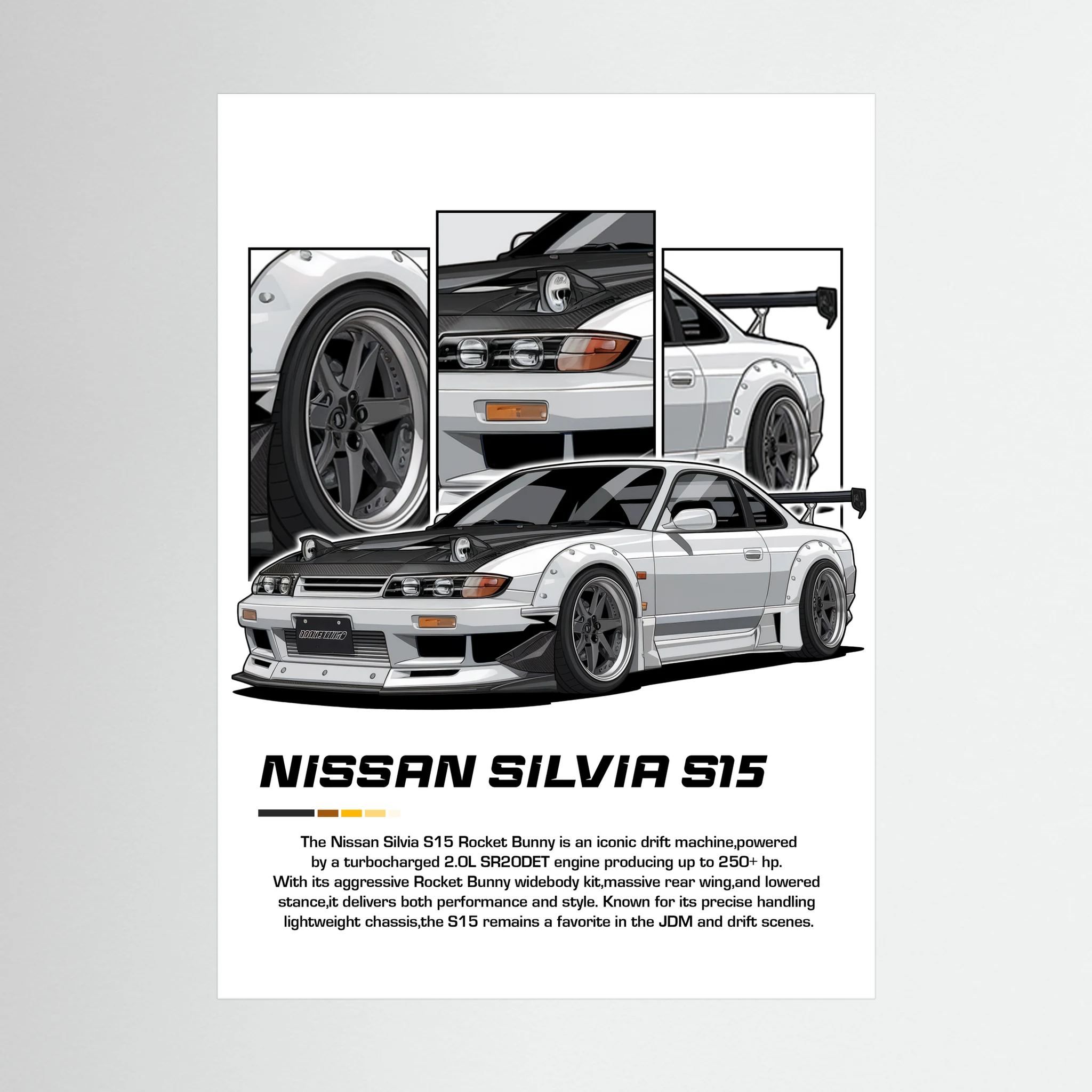 Silver Nissan Silvia S15 illustration with detailed wheel, front and rear body panels.