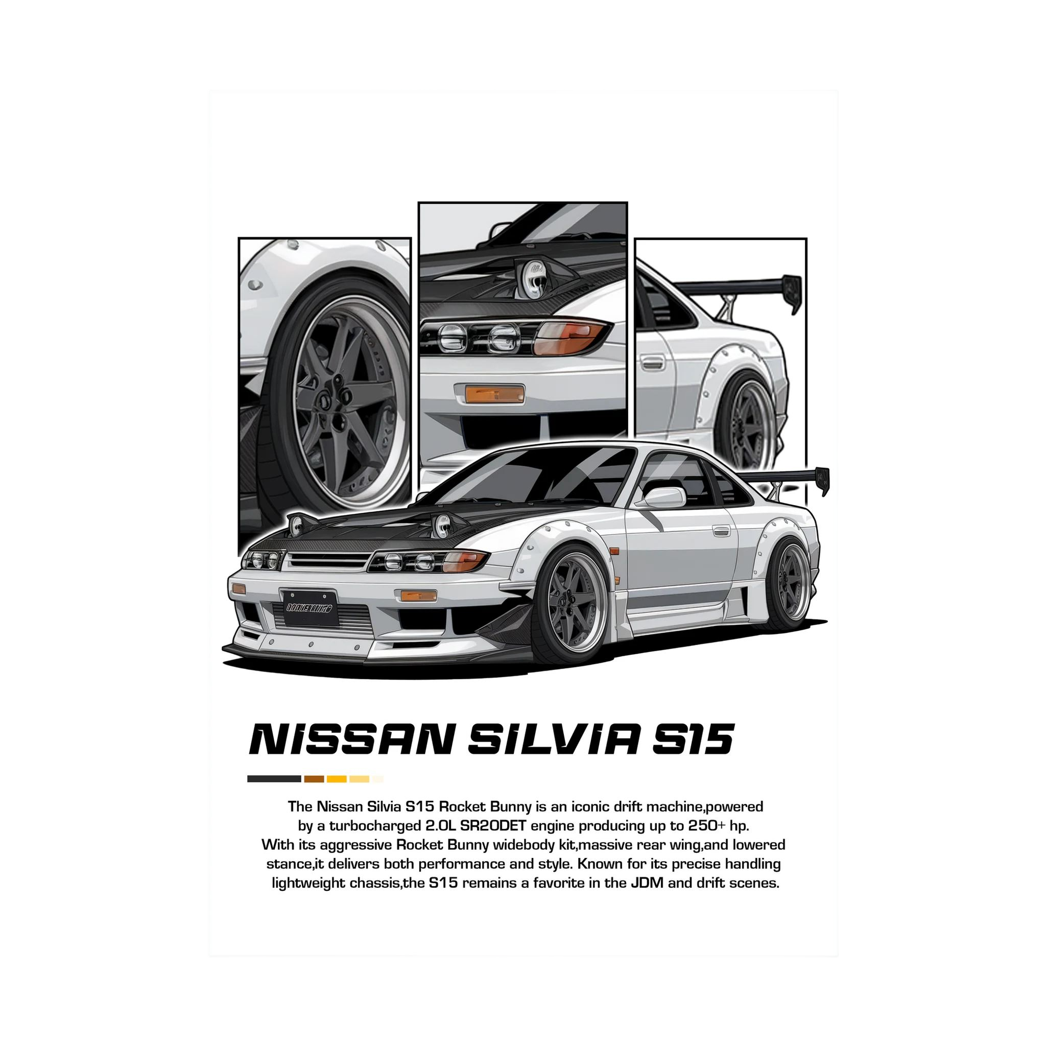 Silver Nissan Silvia S15 illustration with detailed wheel, front and rear body panels.