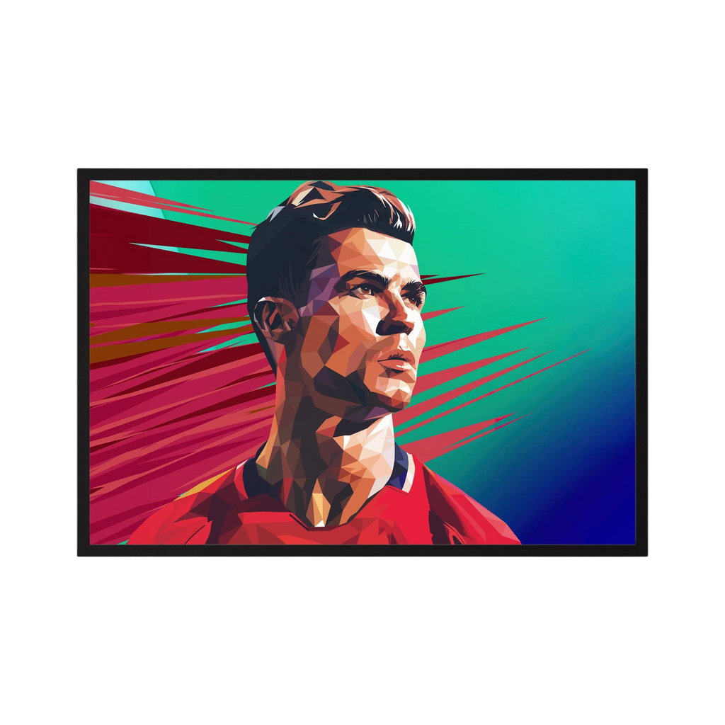 Geometric portrait of Cristiano Ronaldo in red against a green and burgundy speed-line background, shown in product view 4.