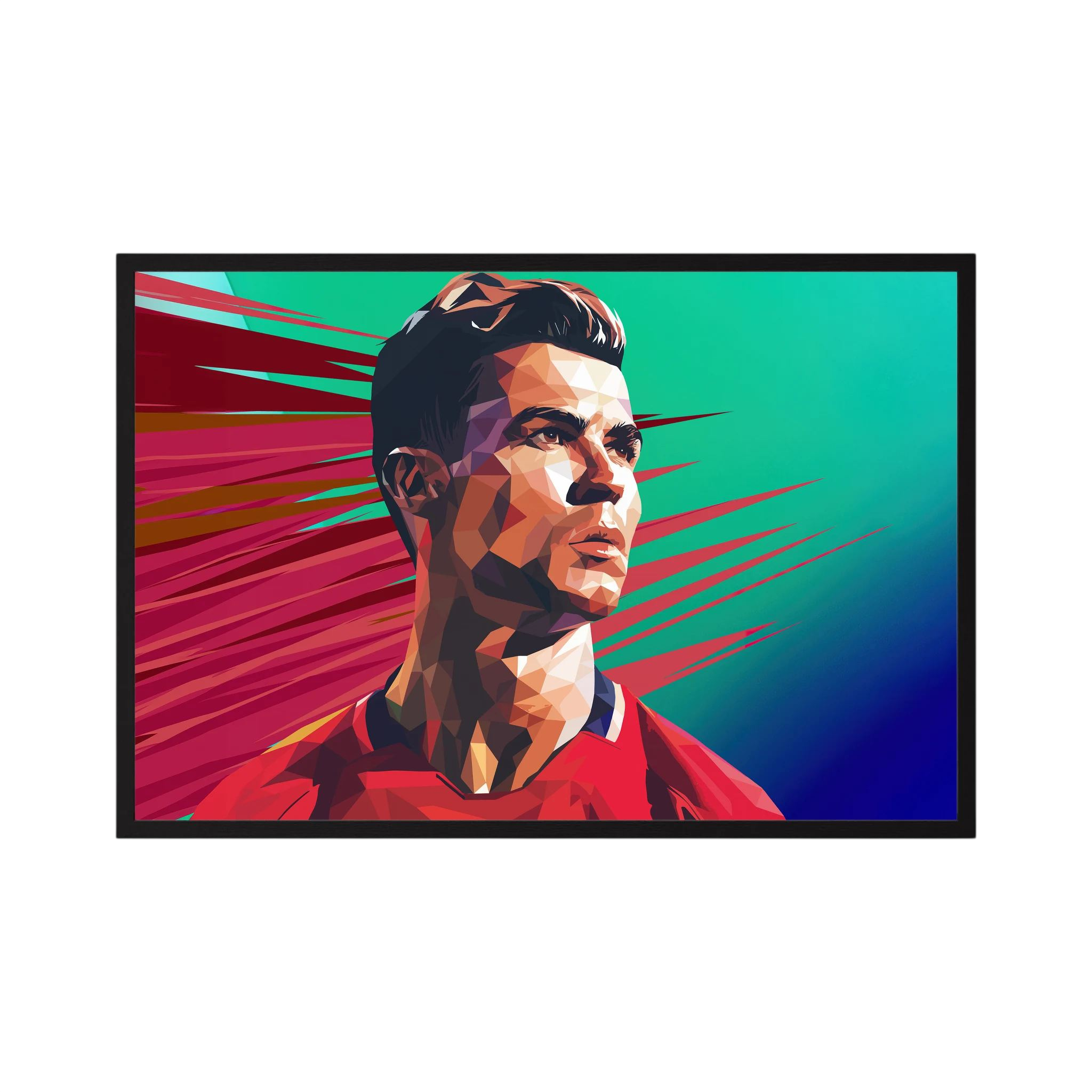 Geometric portrait of Cristiano Ronaldo in red against a green and burgundy speed-line background, shown in product view 4.