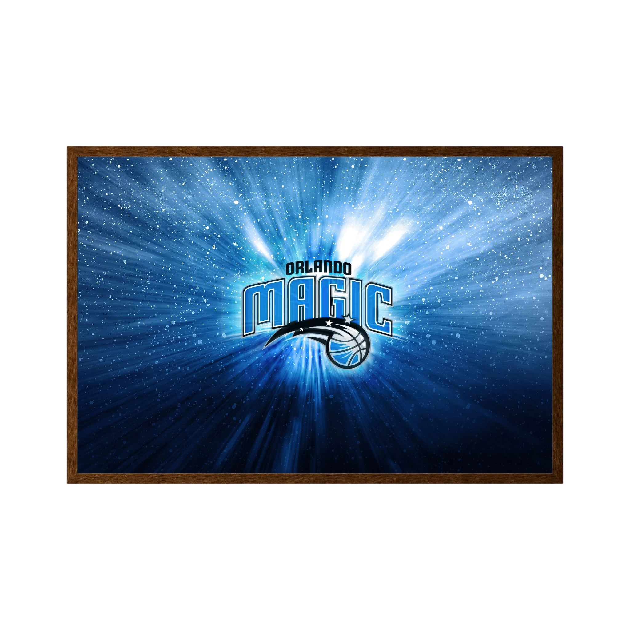 Orlando Magic basketball logo glows amid blue radial light and sparkling white particles, shown in product view 3.