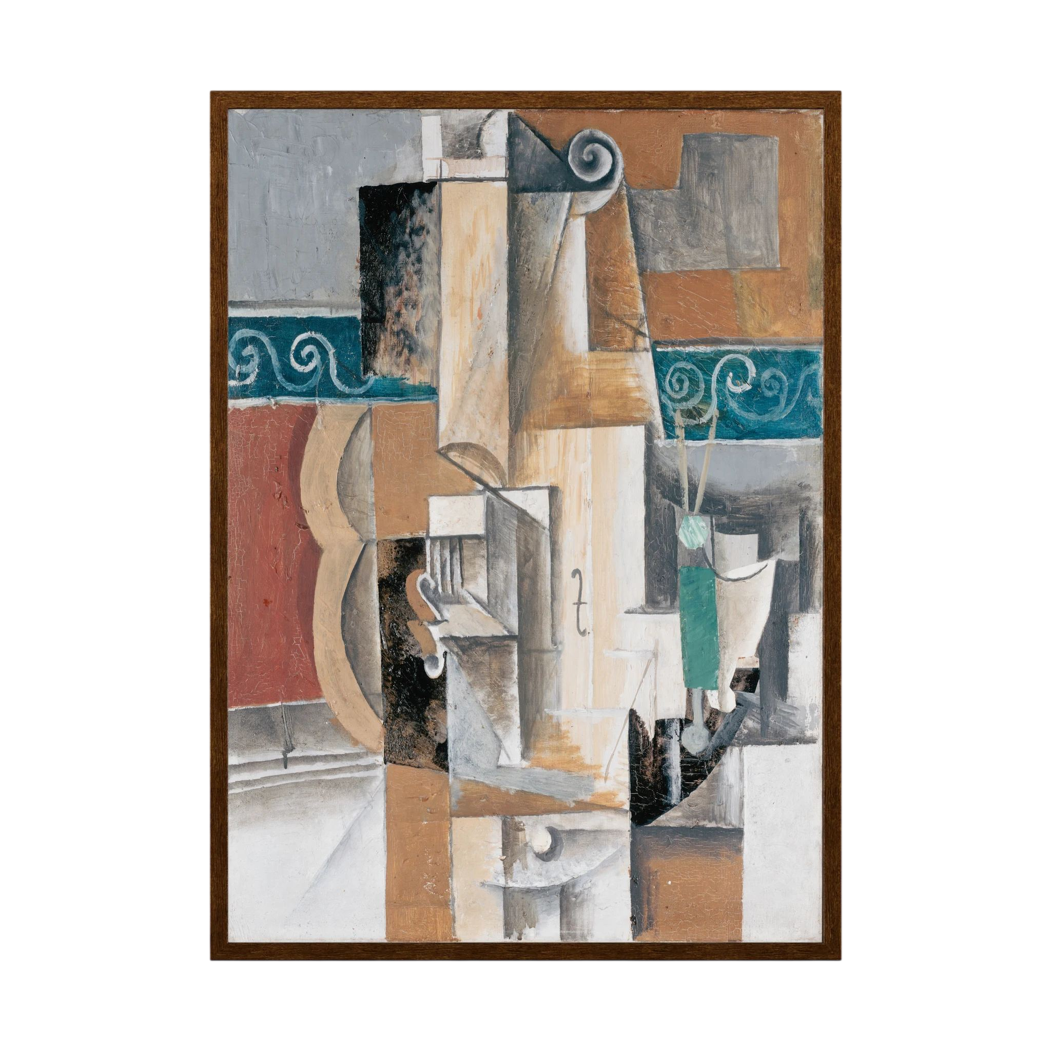 Layered cubist fragments in teal, terracotta, grey and cream include architectural blocks and curling motifs, shown in product view 4.