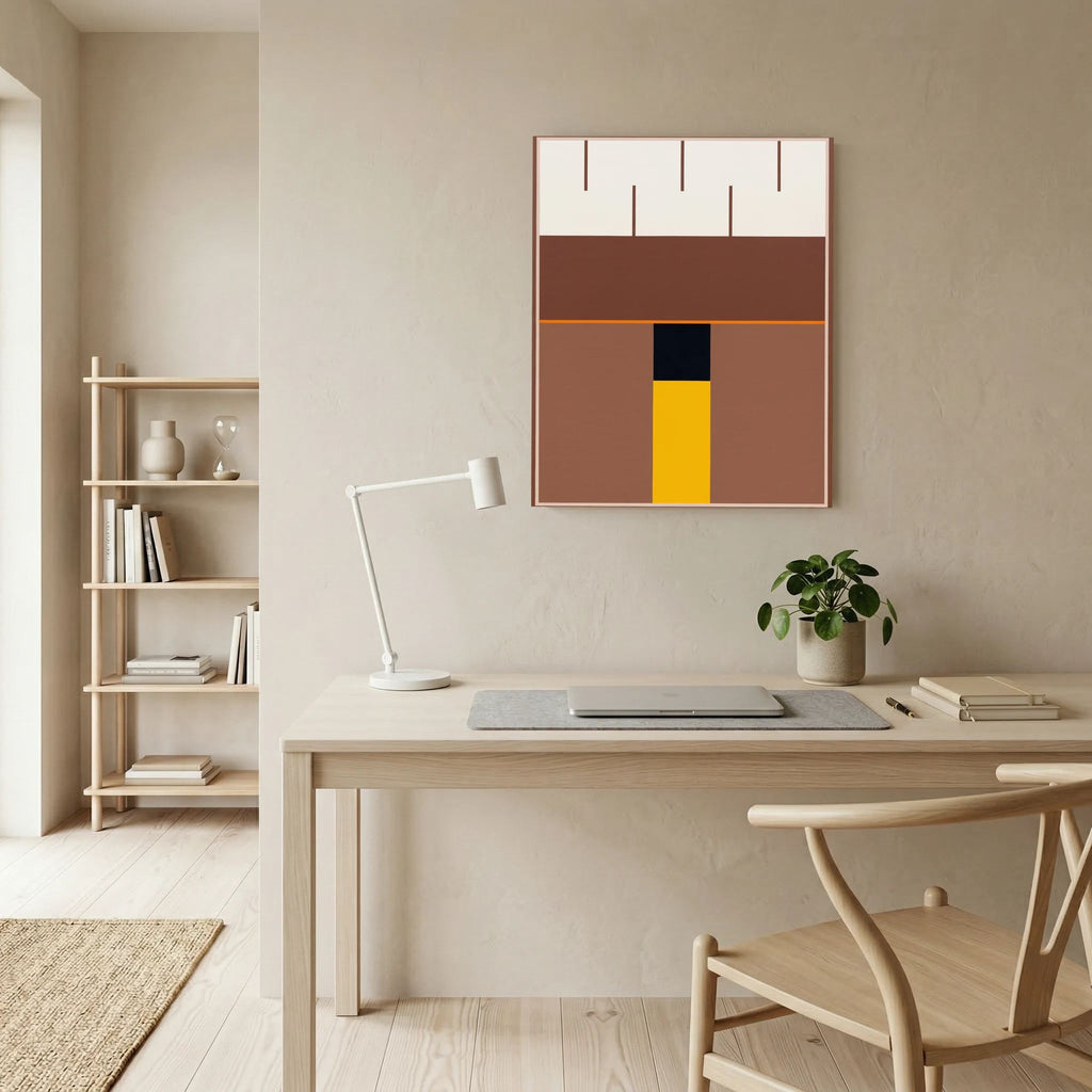 Brown and cream geometric planes centred by a black and golden-yellow vertical axis, shown in product view 5.