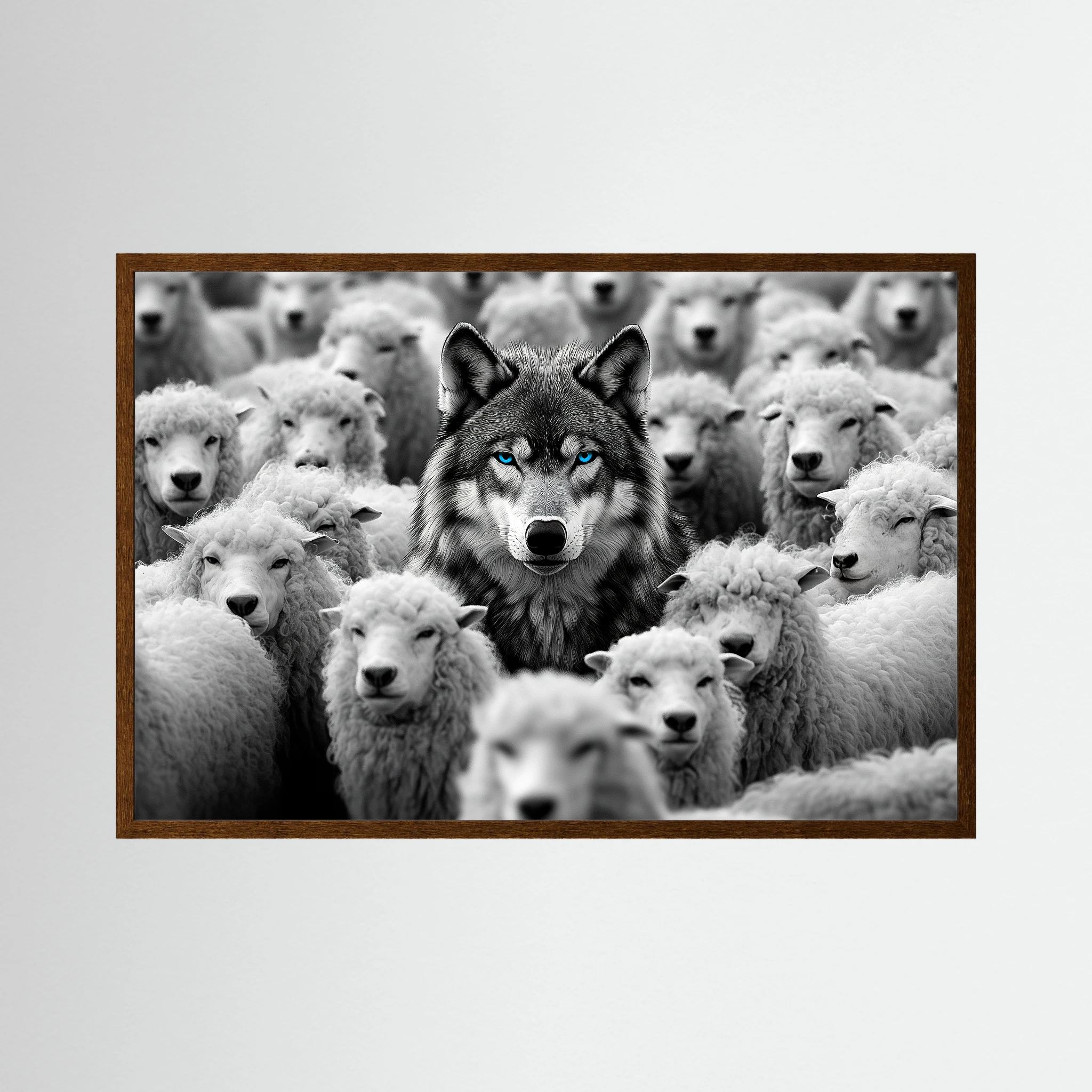 Black and white wolf with vivid blue eyes stands centred among a dense flock of white sheep, shown in product view 3.