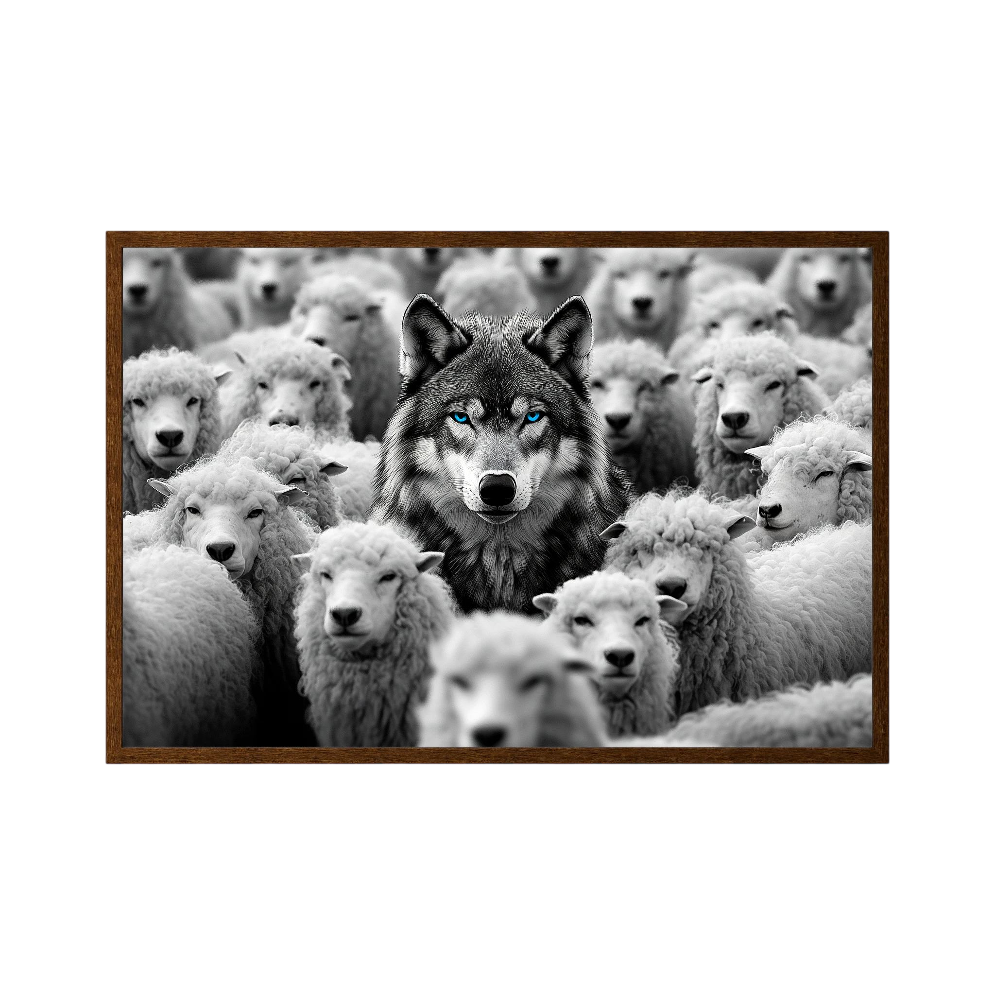 Black and white wolf with vivid blue eyes stands centred among a dense flock of white sheep, shown in product view 3.