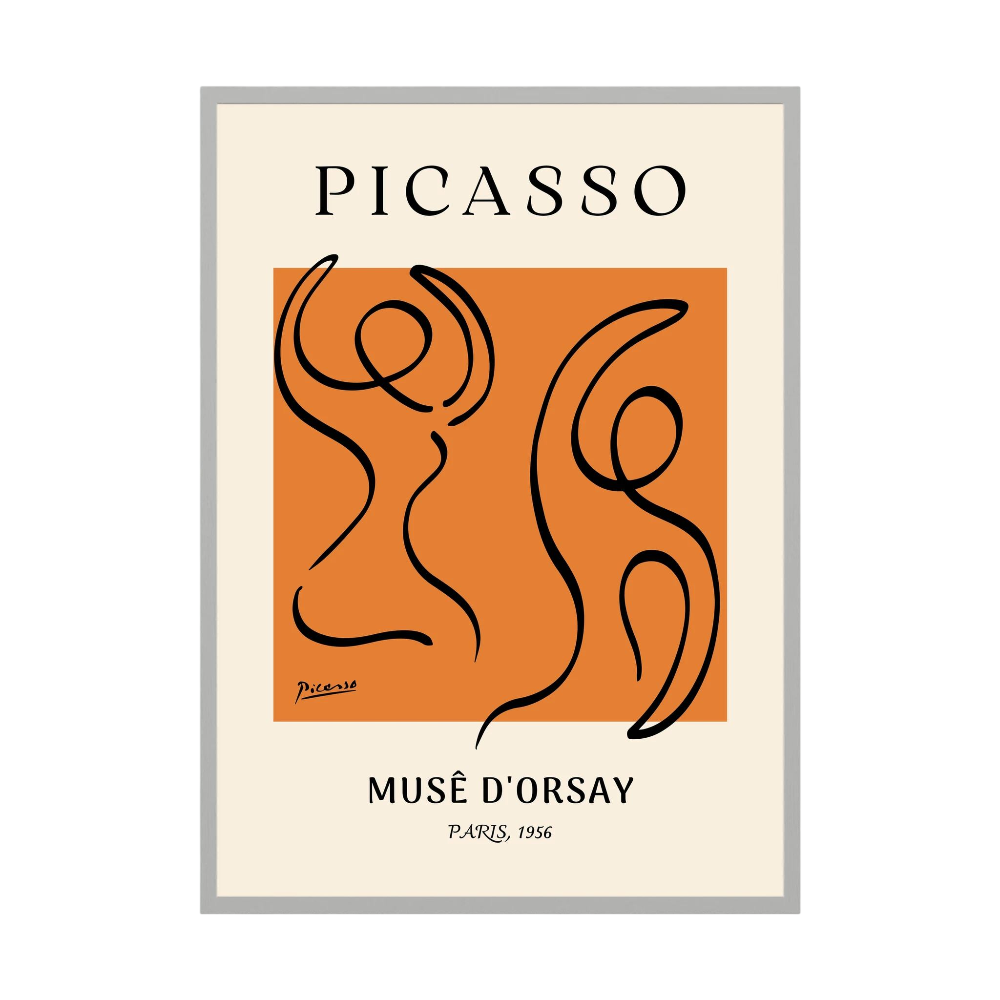 Two fluid black line figures dance across a vivid orange field within a cream museum-style poster.