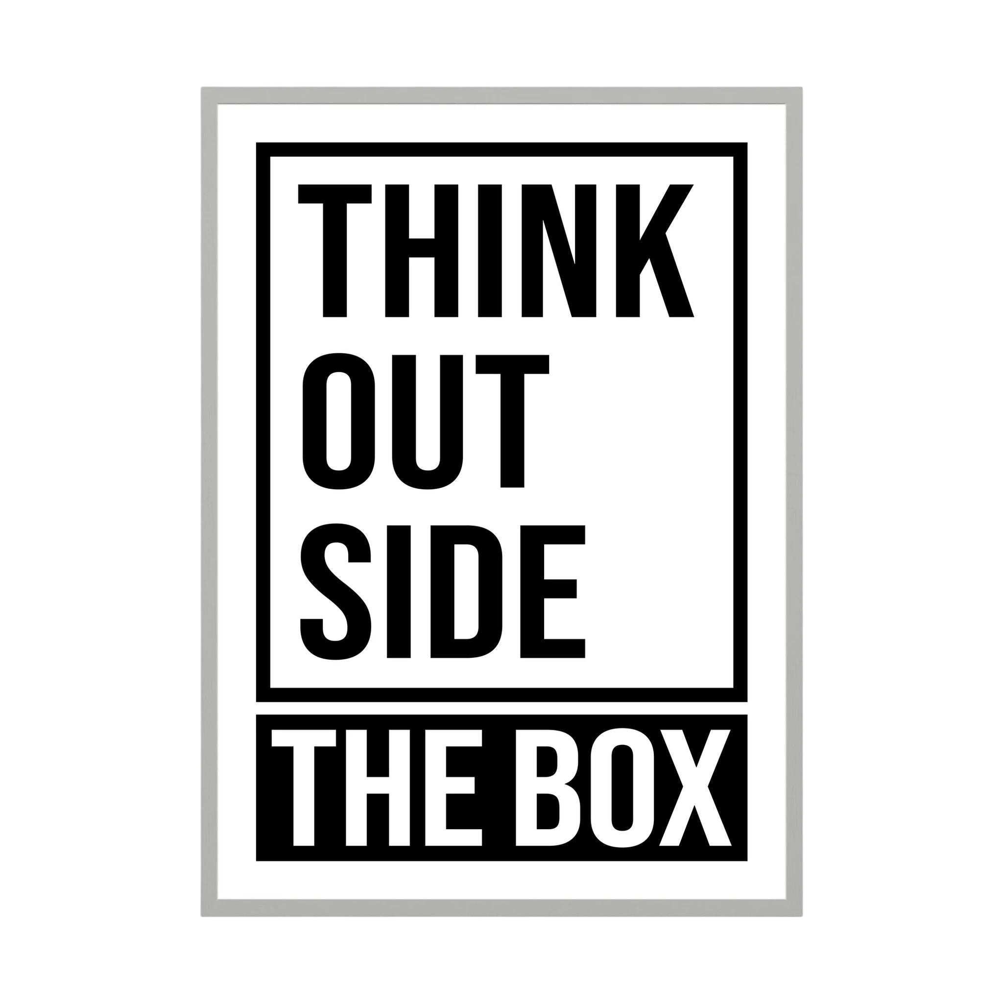 Bold black typography stacks the words think outside the box within and beyond a rectangular frame.