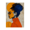 Profile of Black woman in sunglasses, orange top and deep-blue hair.