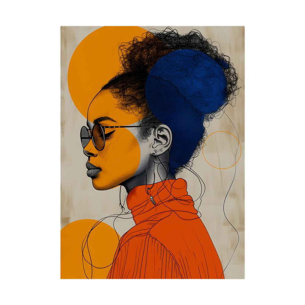 Profile of Black woman in sunglasses, orange top and deep-blue hair.