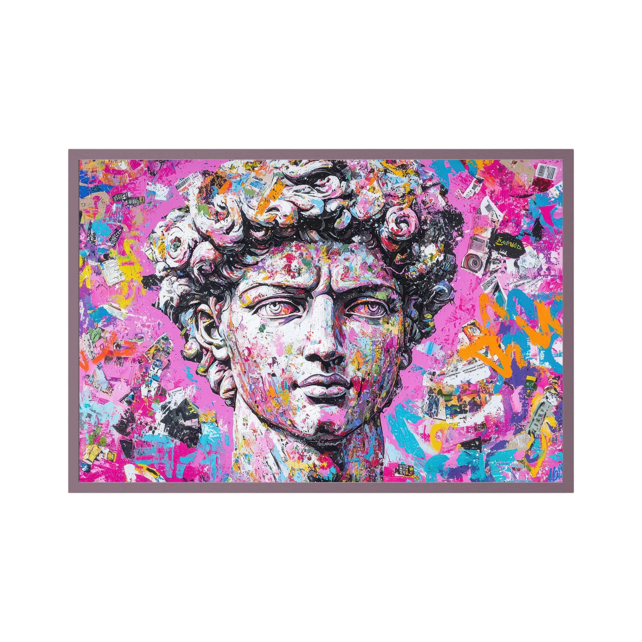 Classical David portrait transformed with layered collage textures and vivid pink, blue, orange and black paint, shown in product view 5.