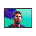 Geometric portrait of Lionel Messi in blue and red against a teal background with sweeping blue lines, shown in product view 3.