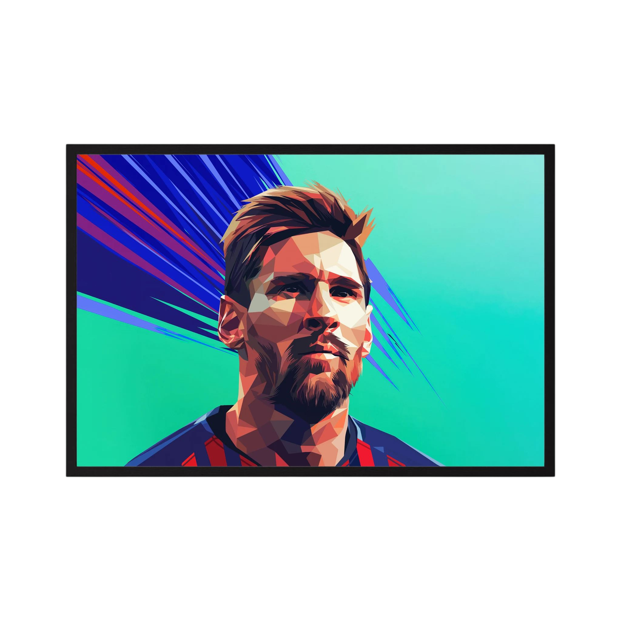 Geometric portrait of Lionel Messi in blue and red against a teal background with sweeping blue lines, shown in product view 3.