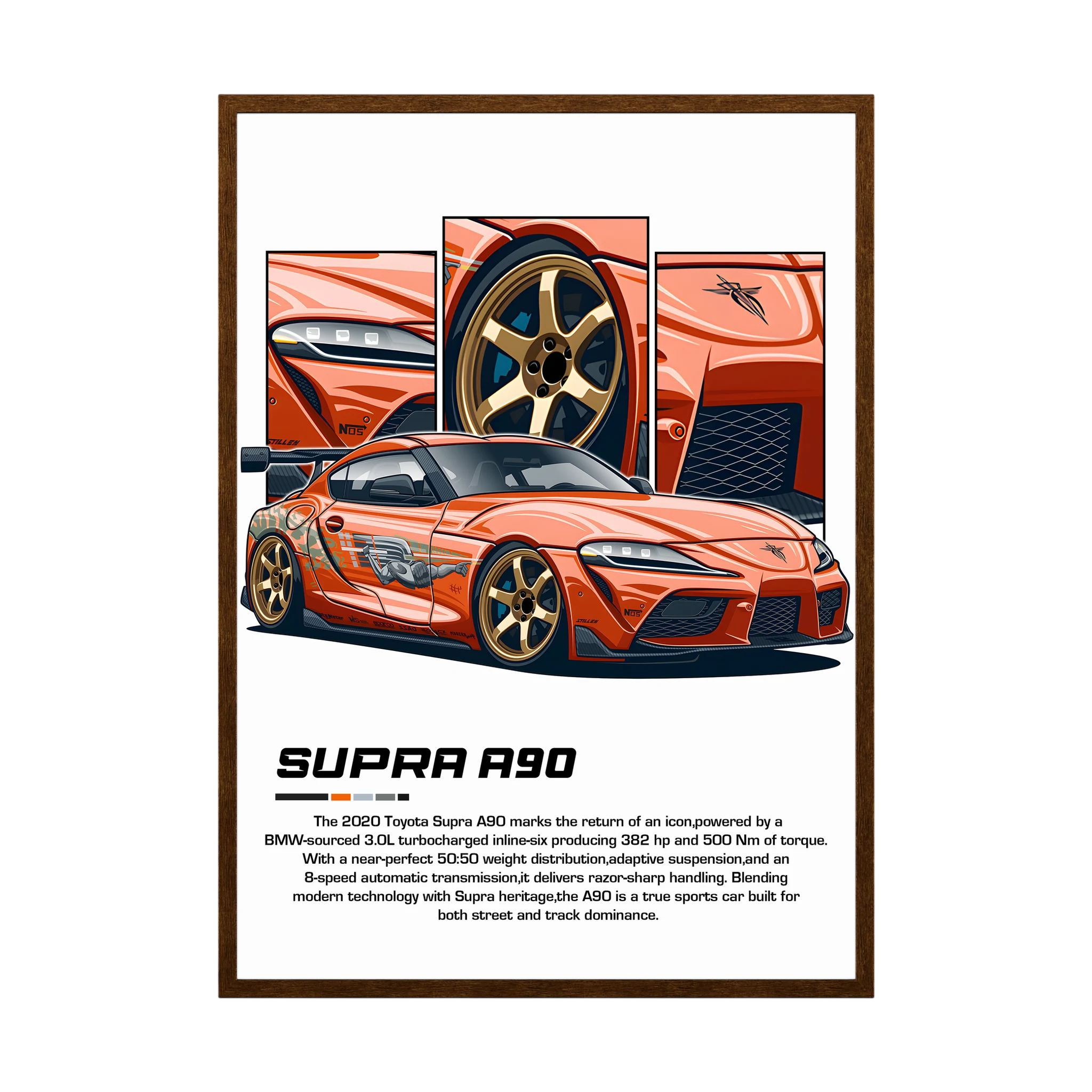 Copper-orange Toyota Supra A90 illustration with gold wheels and close-up body panels.