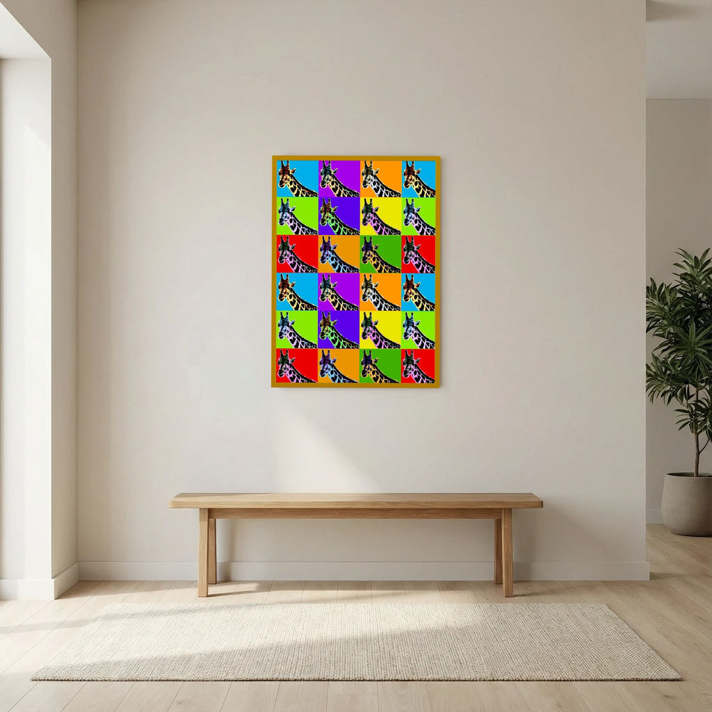Grid of repeating giraffe portraits set against bright blue, purple, orange, green, yellow and red panels, shown in product view 9.