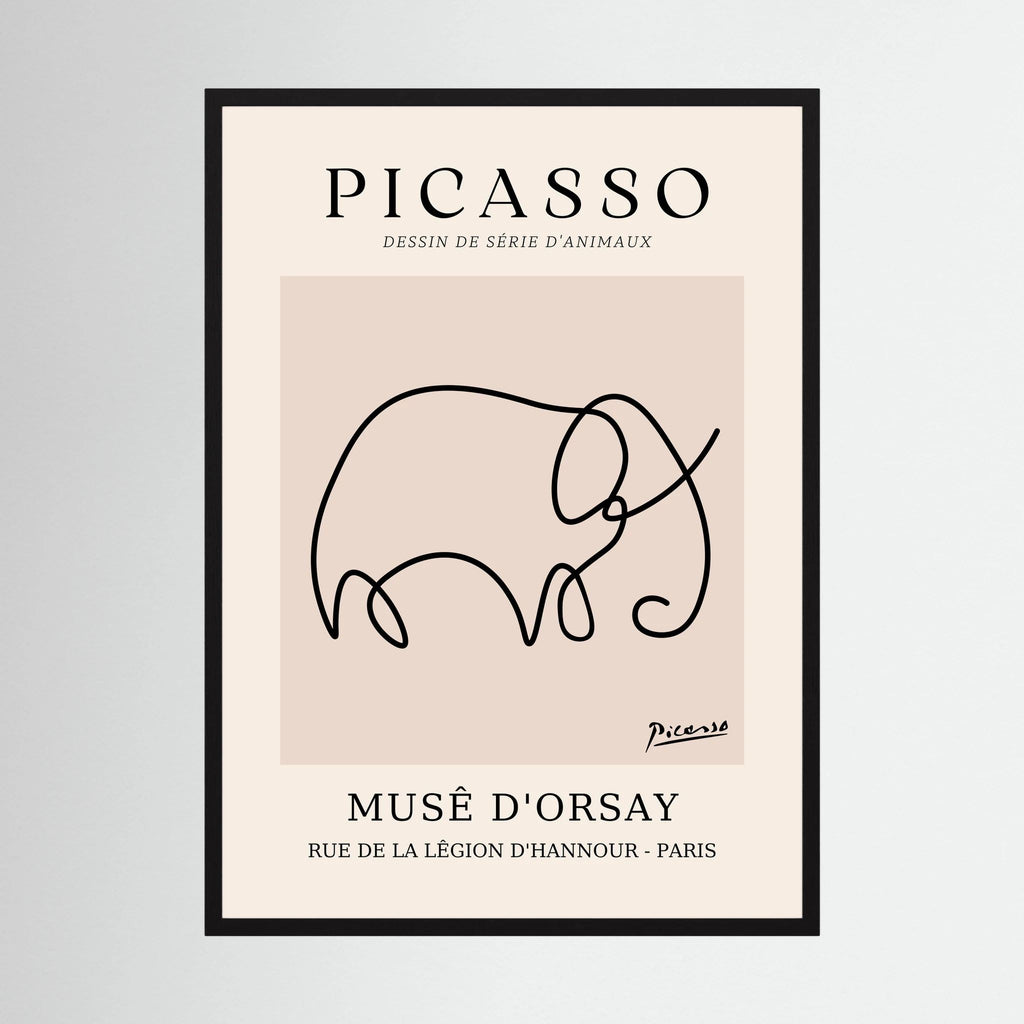 Single flowing black line forms an elephant on a warm beige museum-style poster, shown in product view 3.