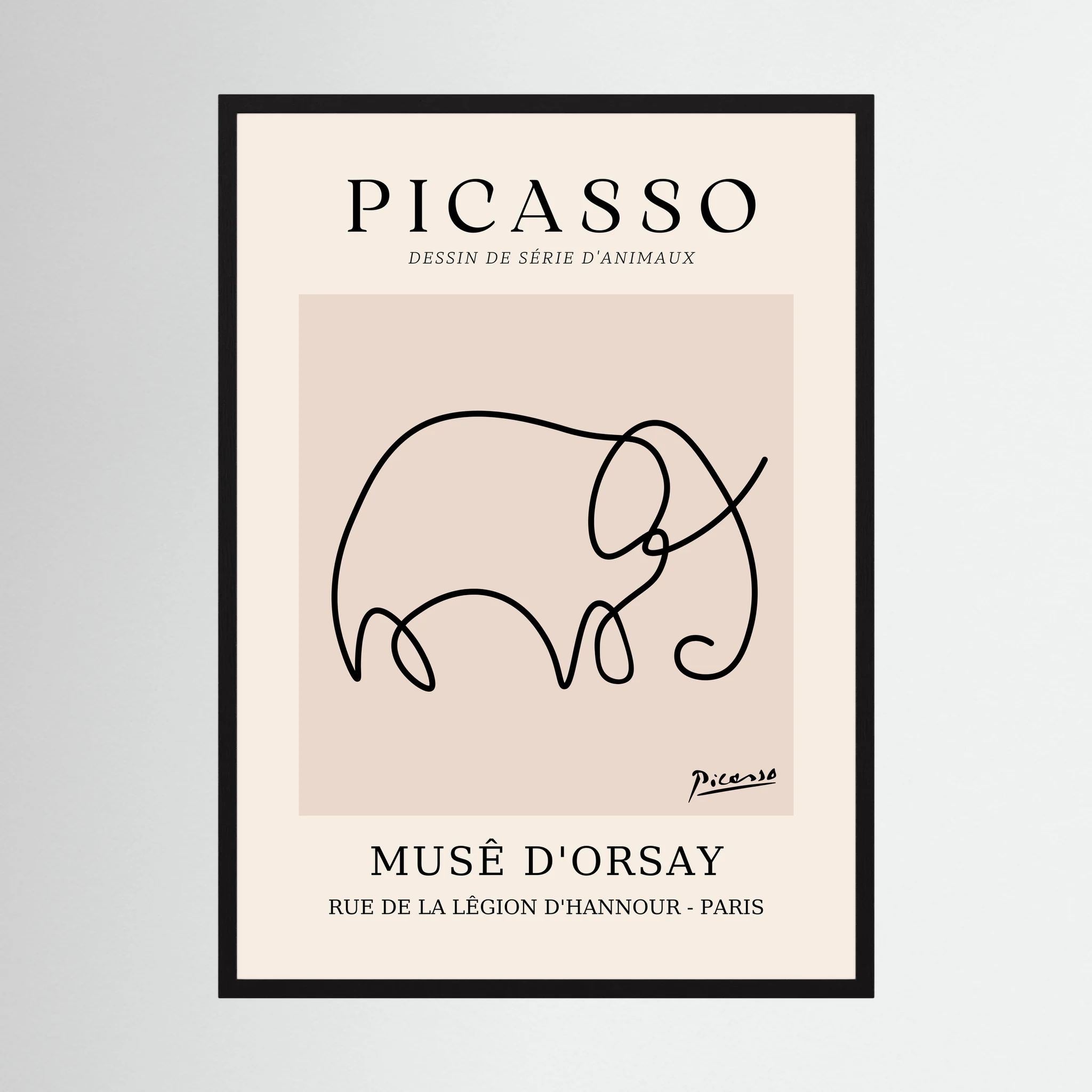 Single flowing black line forms an elephant on a warm beige museum-style poster, shown in product view 3.