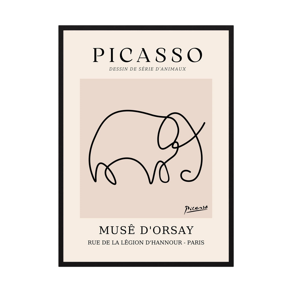 Single flowing black line forms an elephant on a warm beige museum-style poster, shown in product view 3.
