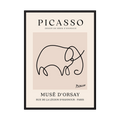 Single flowing black line forms an elephant on a warm beige museum-style poster, shown in product view 3.