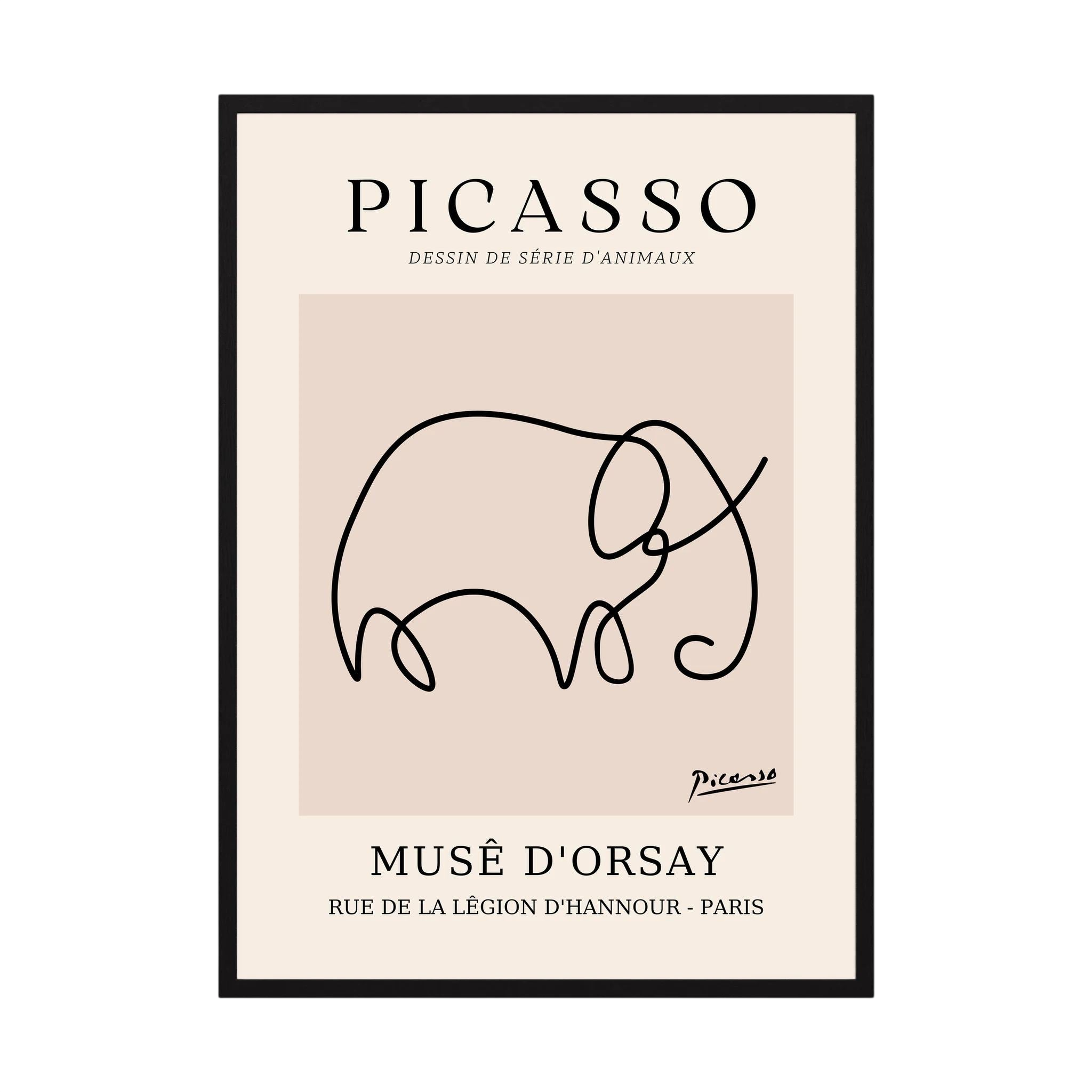 Single flowing black line forms an elephant on a warm beige museum-style poster, shown in product view 3.