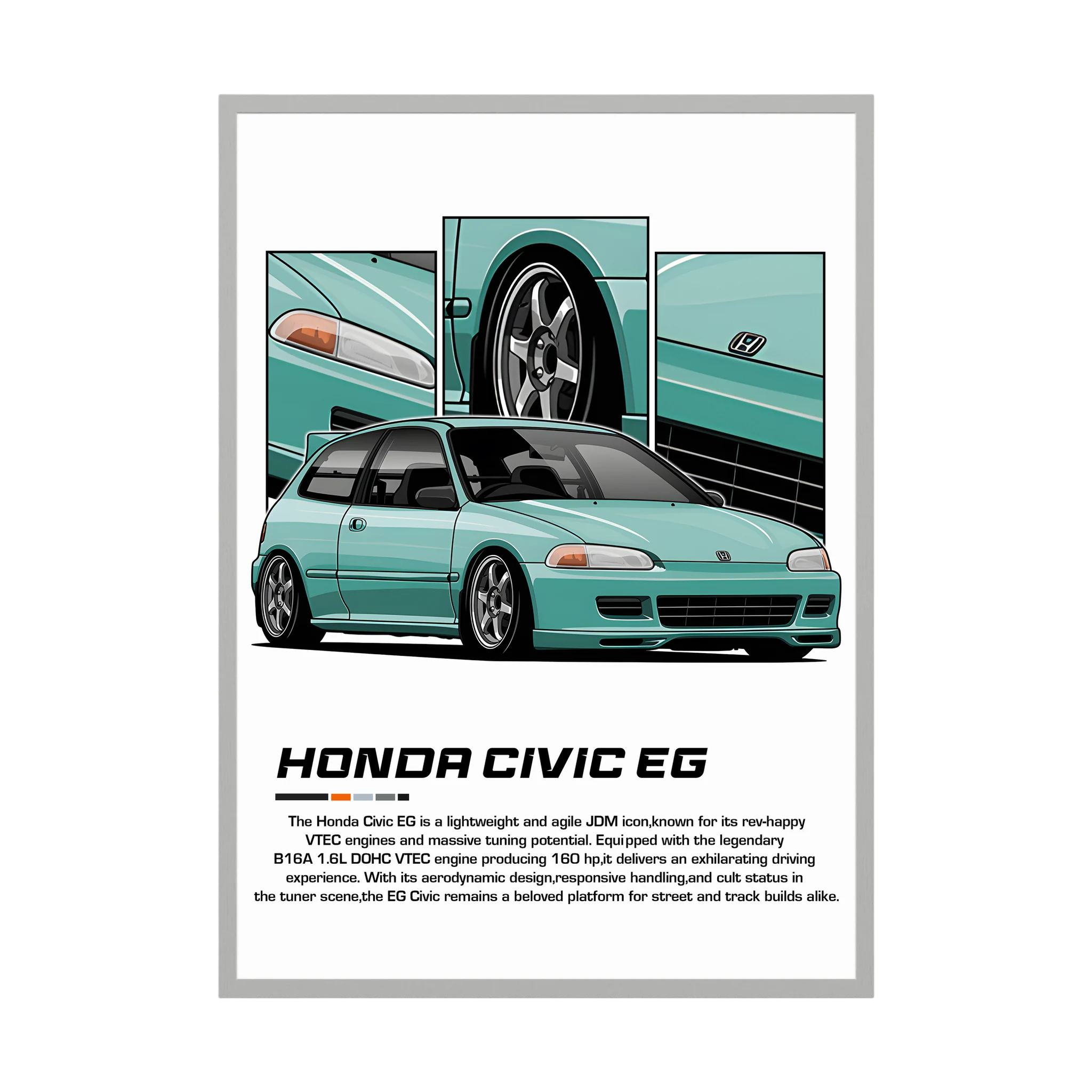 Mint green Honda Civic EG illustration with close-up wheel, headlight and body panels.