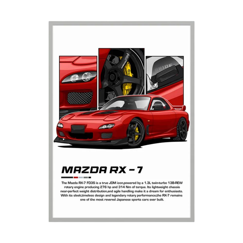 Red Mazda RX-7 illustration with detailed wheel, brake and engine panels.
