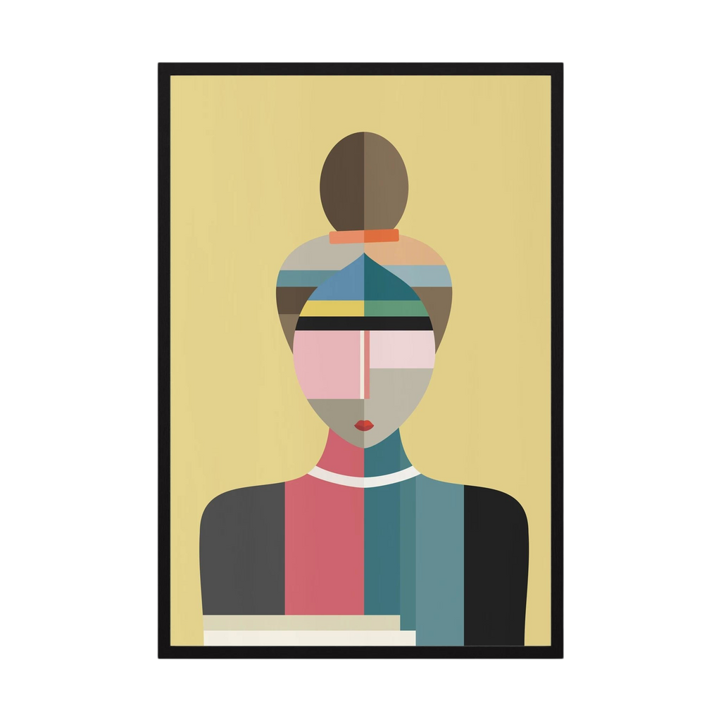 Faceted portrait of a woman with a high bun in muted teal, pink, yellow and charcoal, shown in product view 4.