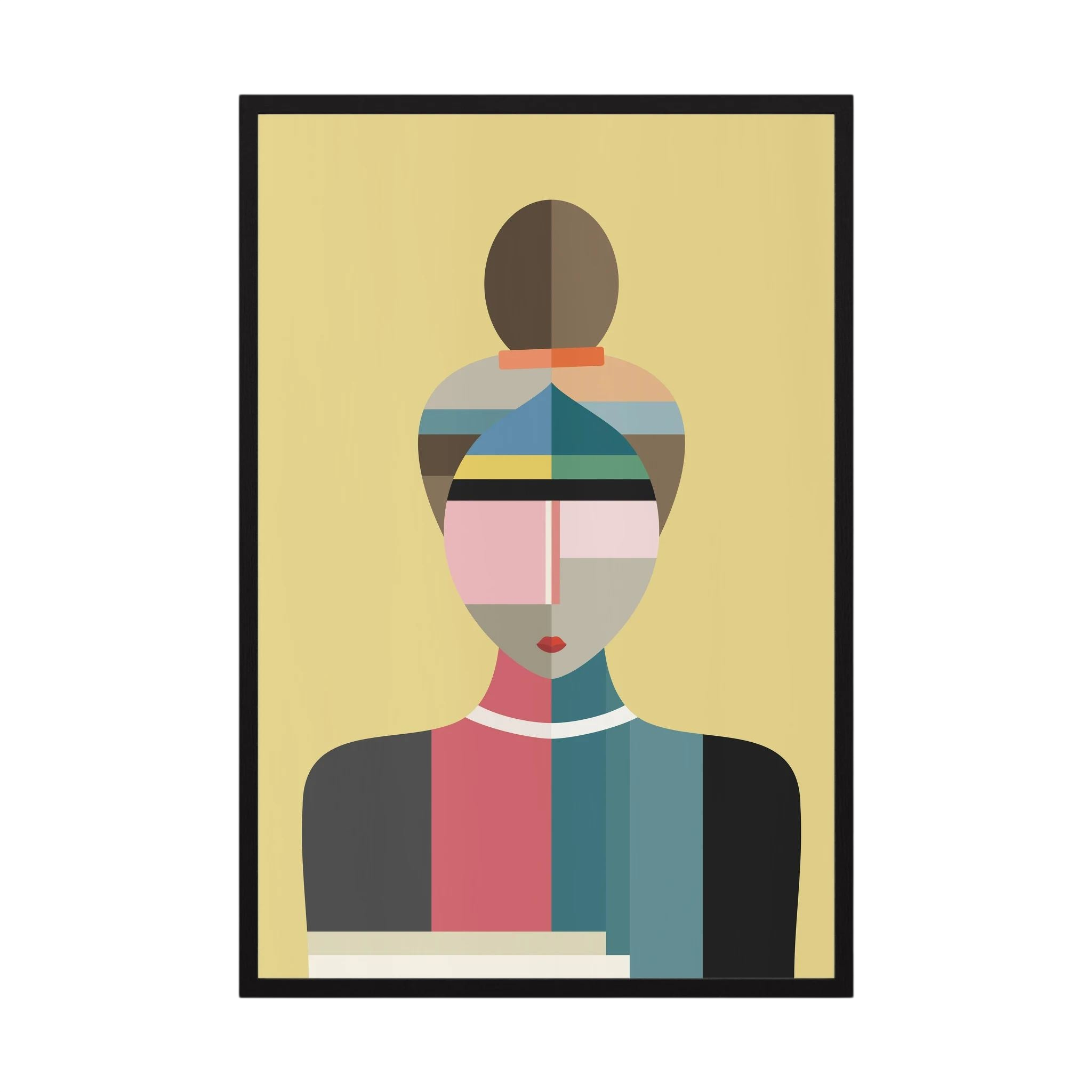 Faceted portrait of a woman with a high bun in muted teal, pink, yellow and charcoal, shown in product view 4.