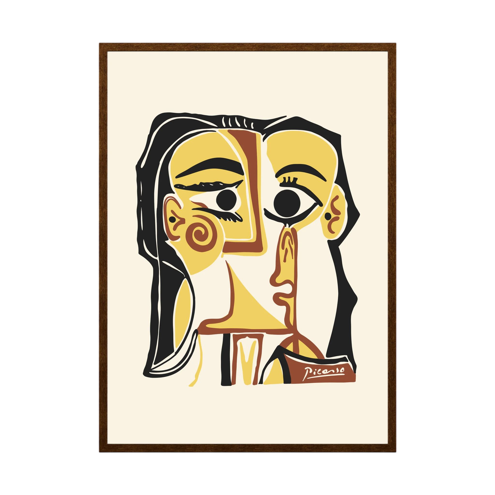 Stylised cubist portrait in golden yellow, cream, brown and black with oversized expressive eyes, shown in product view 2.