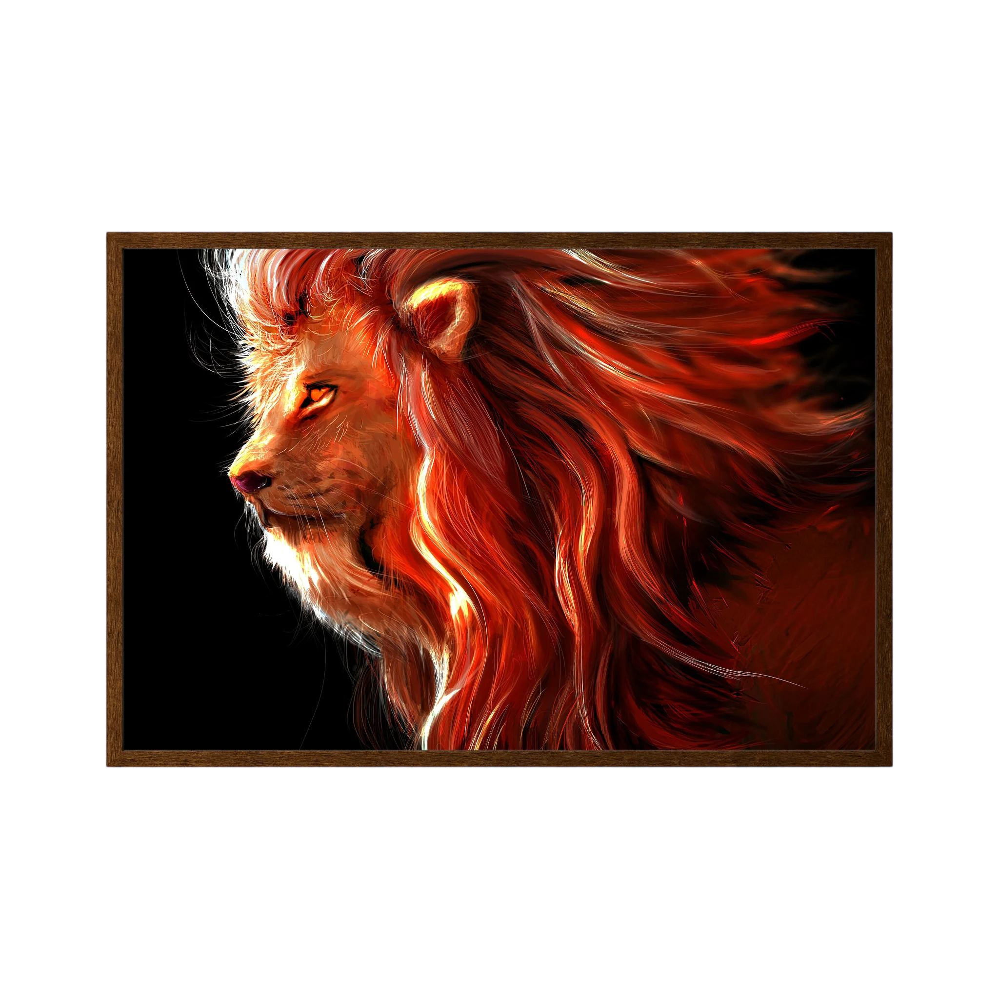 Fiery red and orange lion profile with a flowing illuminated mane on black.