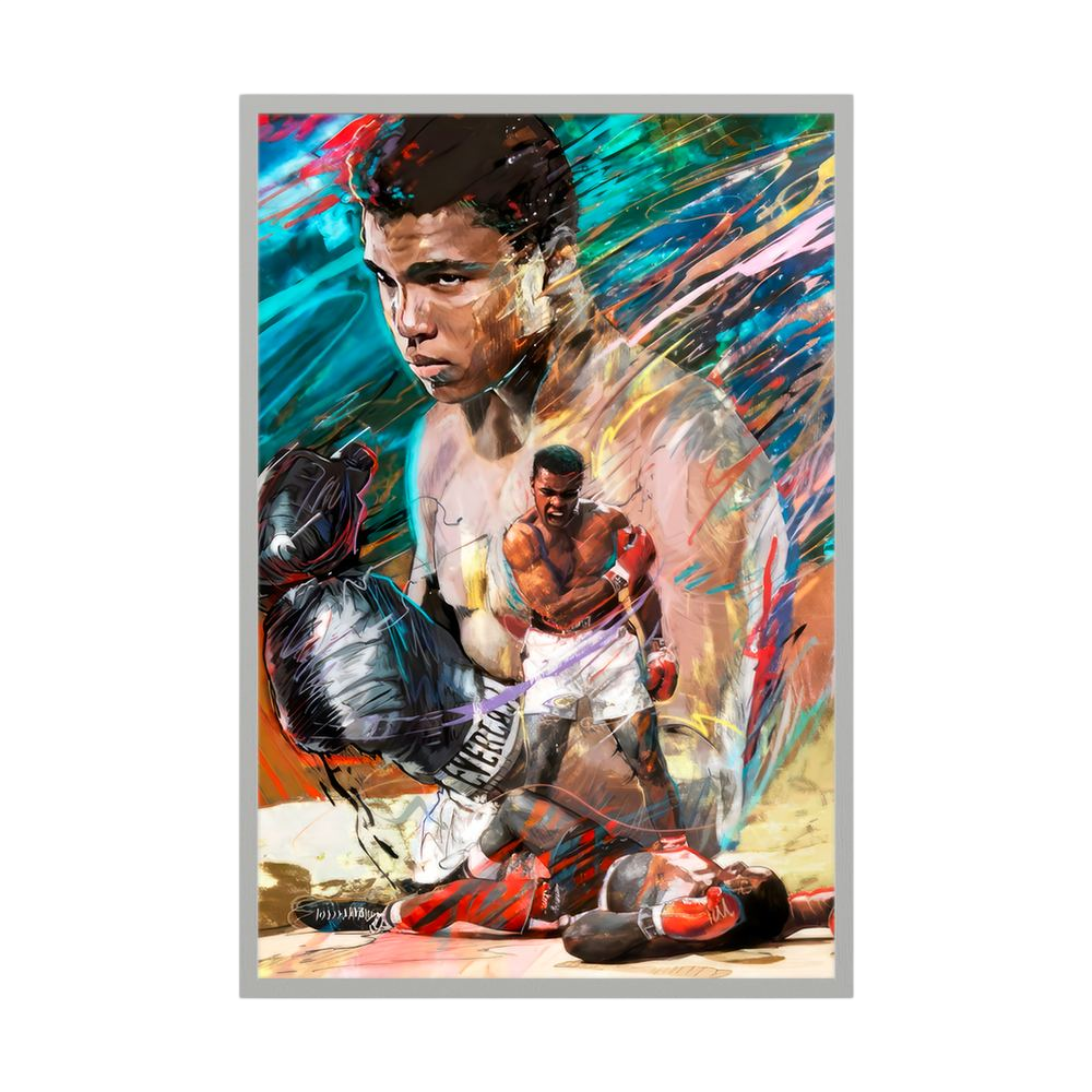 Colourful boxing portrait with layered ringside action, shown in a white wooden frame.