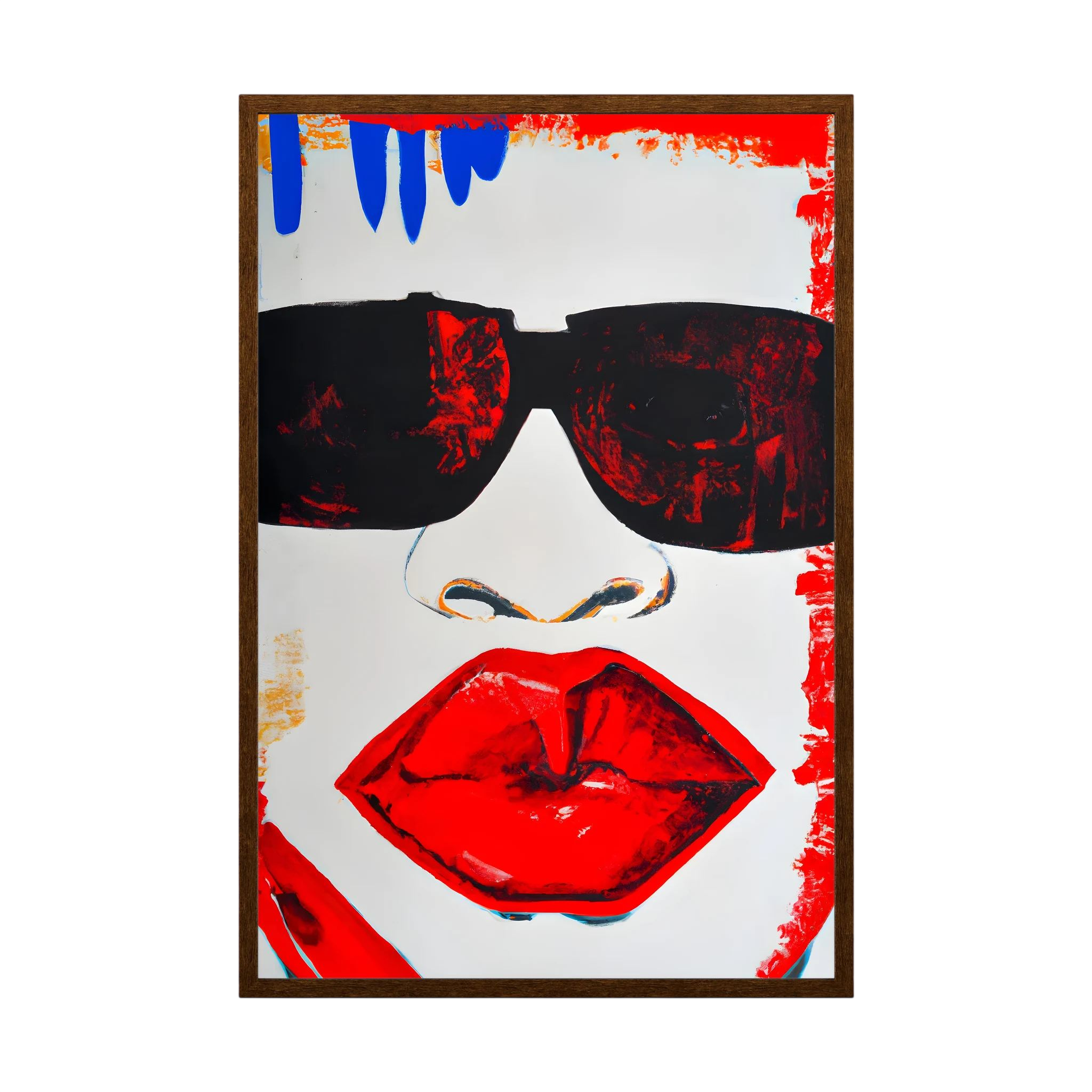 Graphic close-up of black sunglasses, a stylised nose and vivid red lips with expressive painted edges, shown in product view 2.