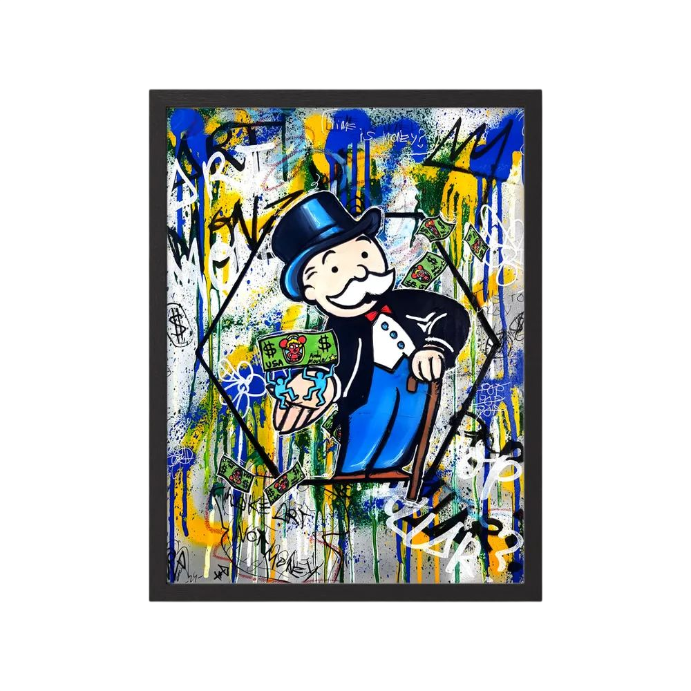 Top-hatted tycoon holding money against colourful graffiti.