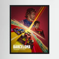 Illustrated Formula One drivers and red and blue racing cars on a Barcelona Grand Prix poster, shown in product view 4.
