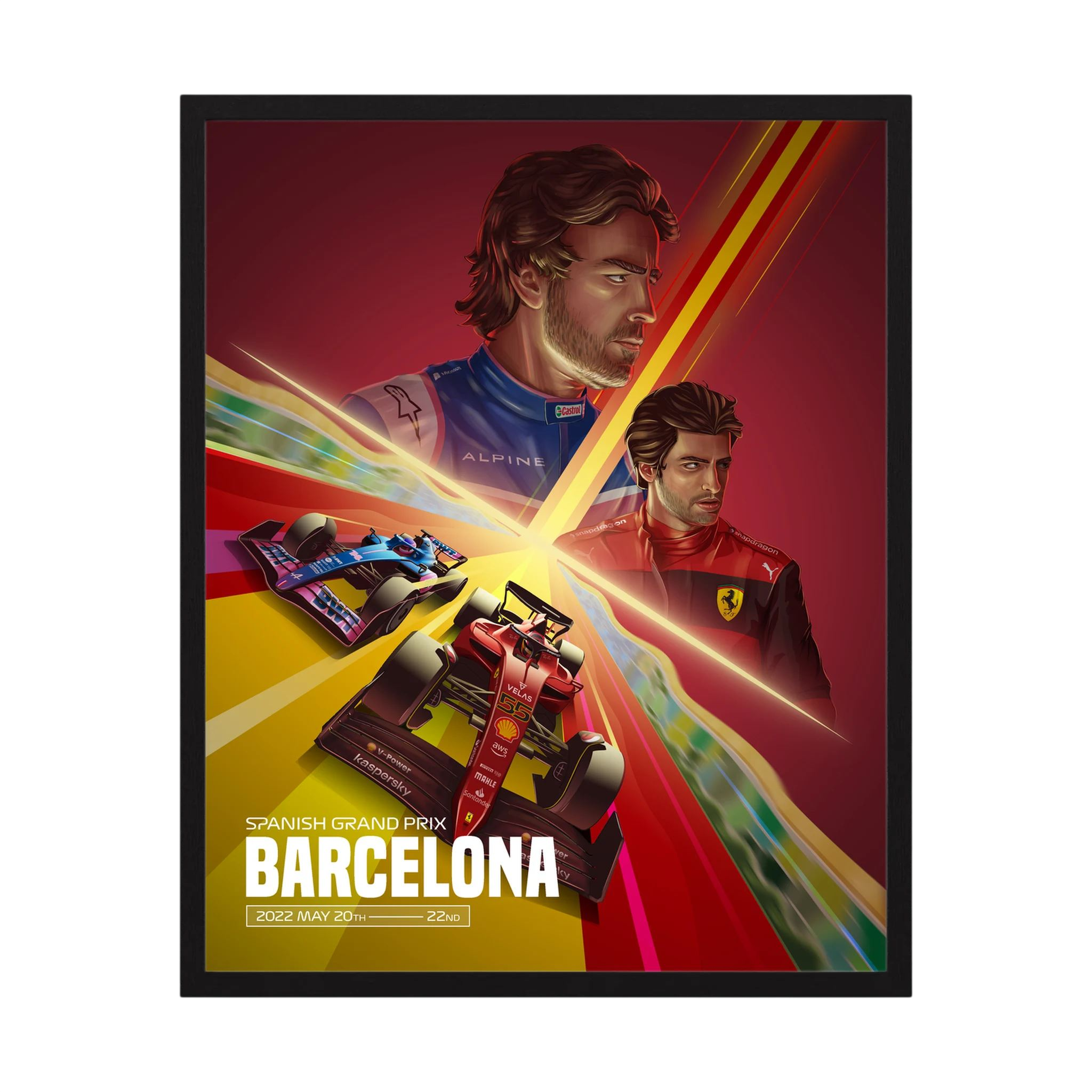 Illustrated Formula One drivers and red and blue racing cars on a Barcelona Grand Prix poster, shown in product view 4.