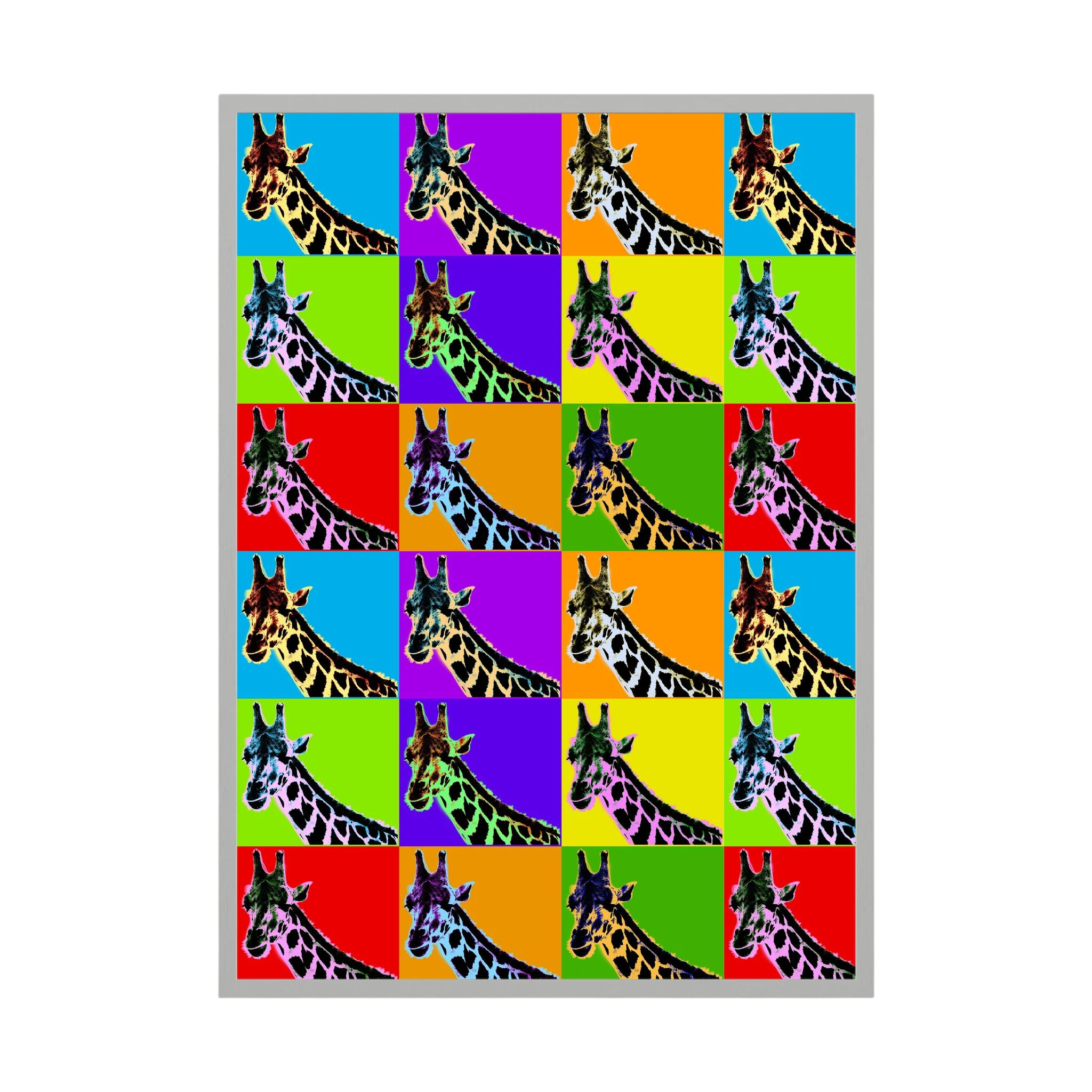Grid of repeating giraffe portraits set against bright blue, purple, orange, green, yellow and red panels, shown in product view 5.
