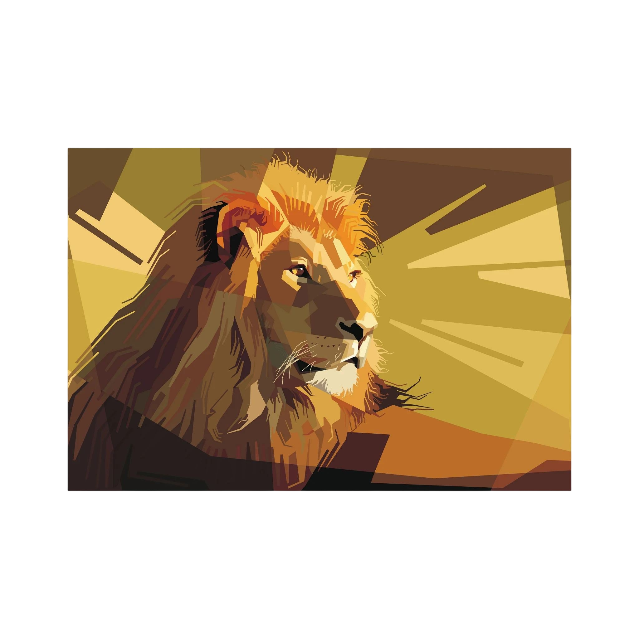 Geometric lion portrait in layered gold, brown and cream shapes.