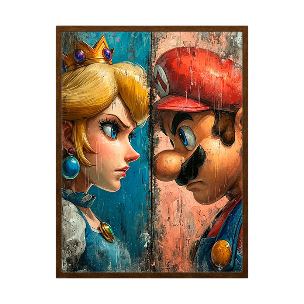 Colourful gaming character face-off artwork, shown in a black wooden frame.