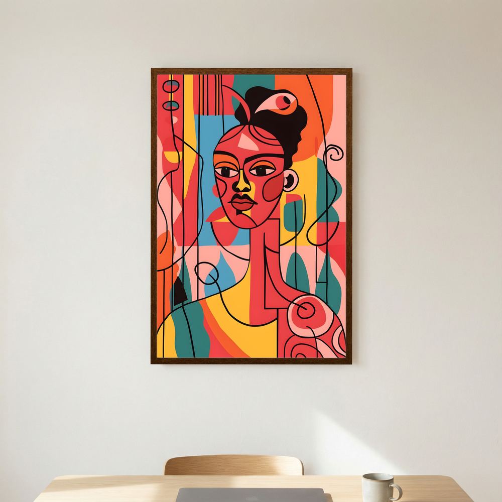 Coral Geometry colourful cubist woman portrait print, product view 6.