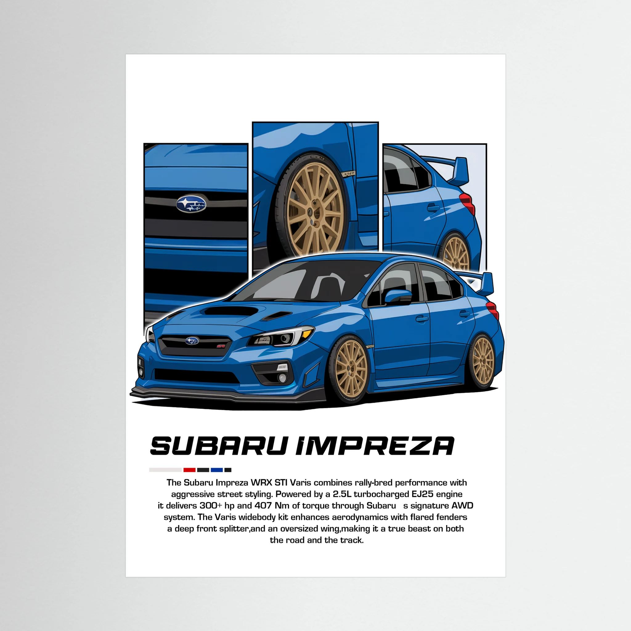 Blue Subaru Impreza illustration with gold wheels and close-up body panels.