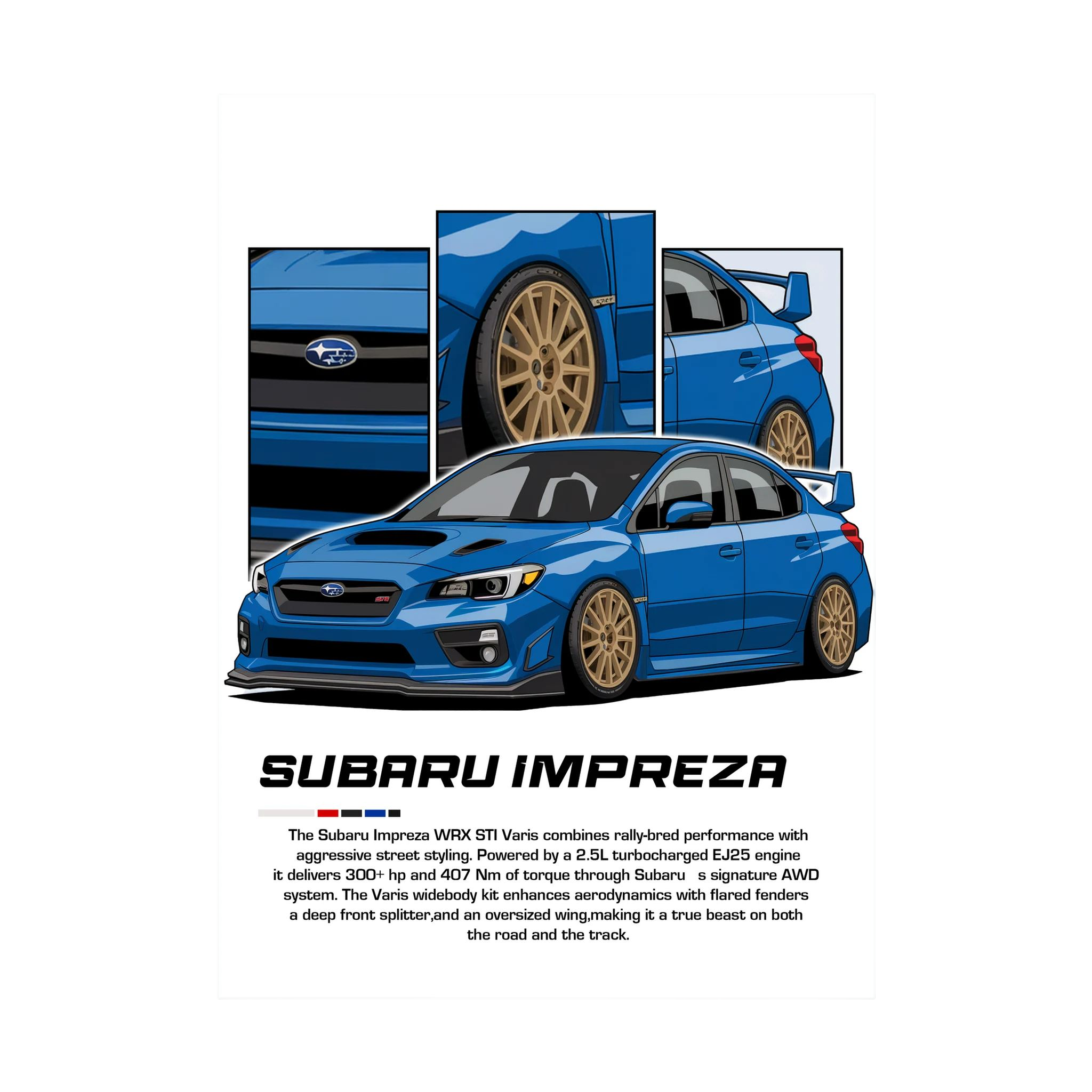 Blue Subaru Impreza illustration with gold wheels and close-up body panels.