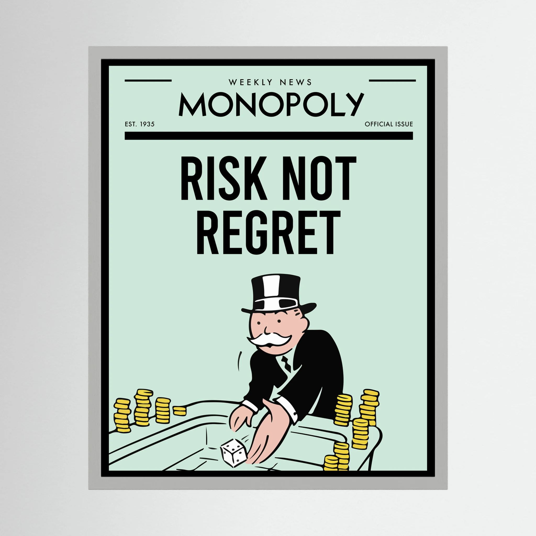 Retro Monopoly-style poster reading risk not regret with a top-hatted figure and dice, shown in product view 2.