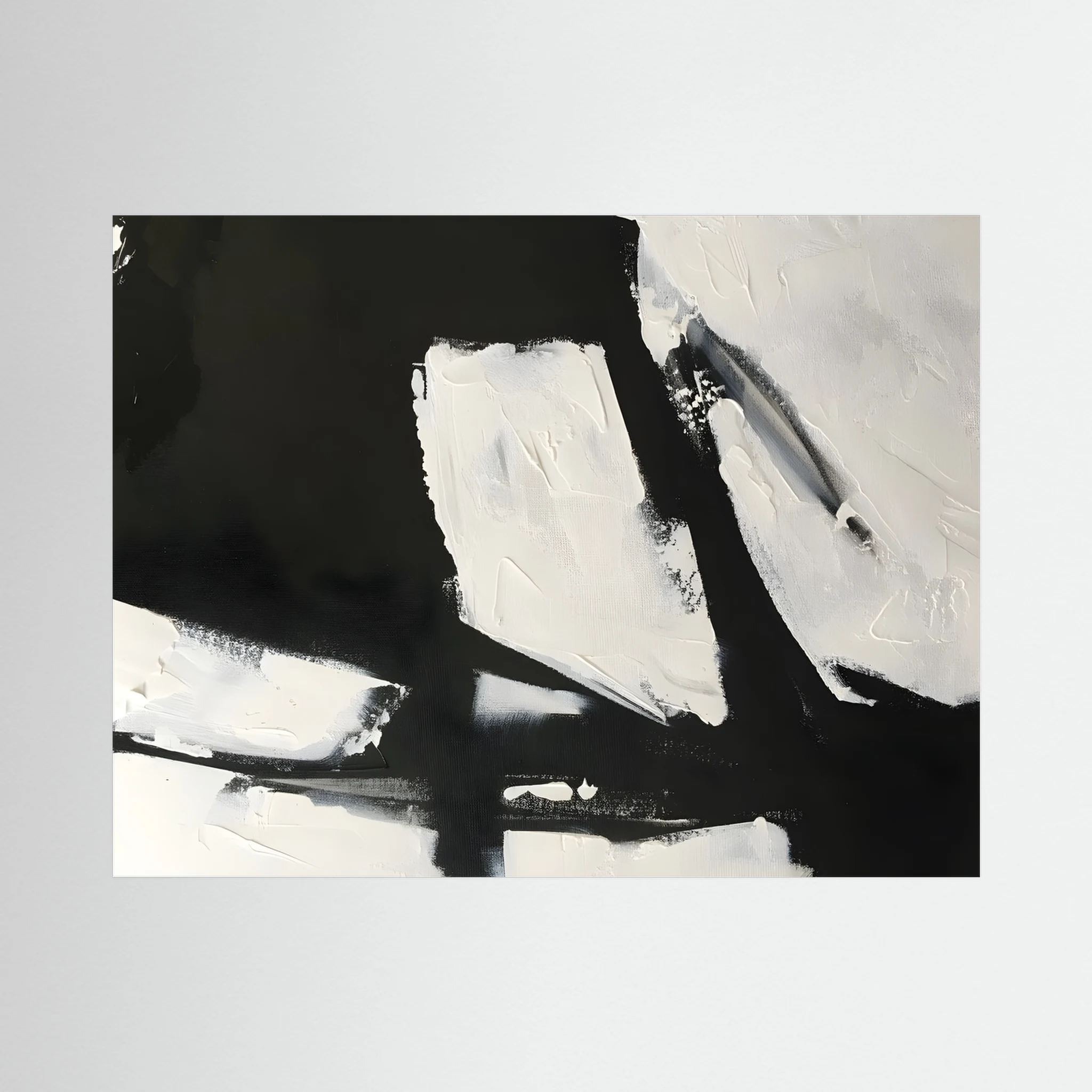 Heavy black strokes and textured white paint intersect across a wide monochrome abstract composition, shown in product view 3.