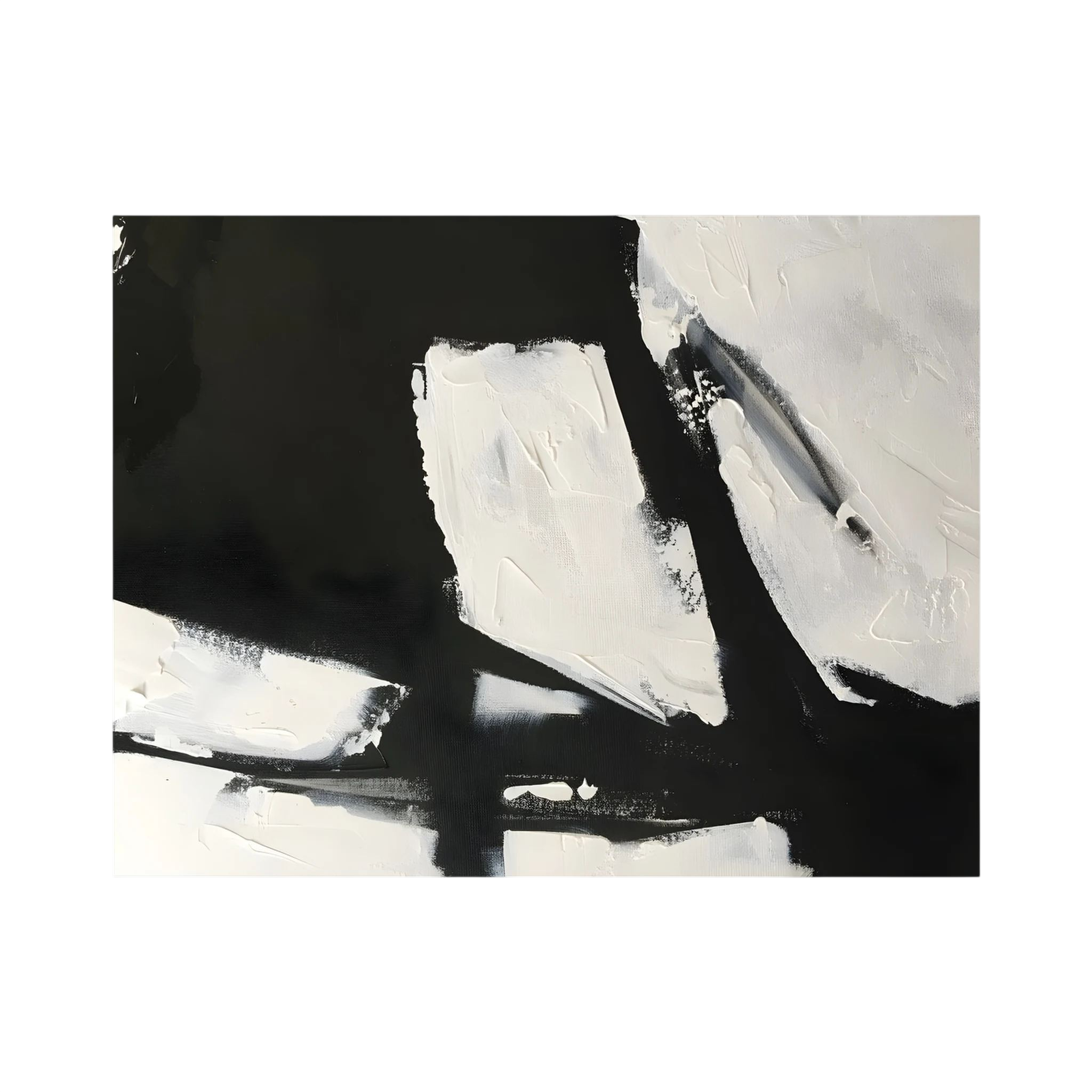 Heavy black strokes and textured white paint intersect across a wide monochrome abstract composition, shown in product view 3.