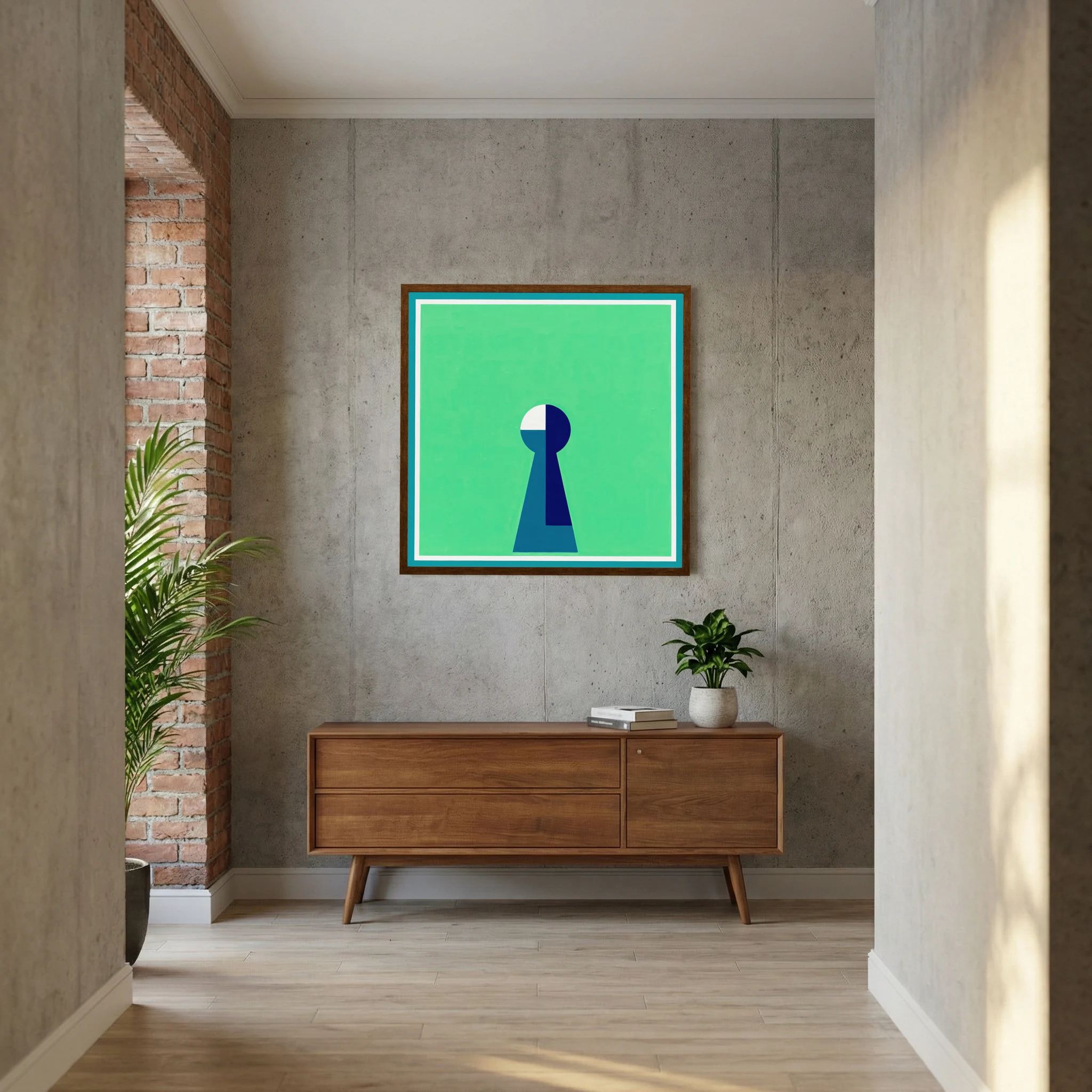 Minimal keyhole form in deep blue and white centred on a luminous green field, shown in product view 6.