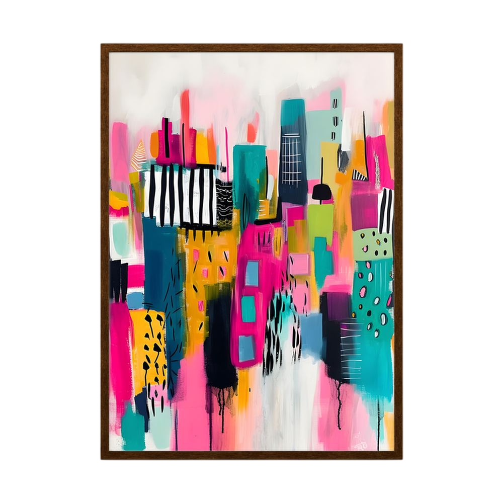 Neon Metropolis colourful abstract cityscape print, product view 2.