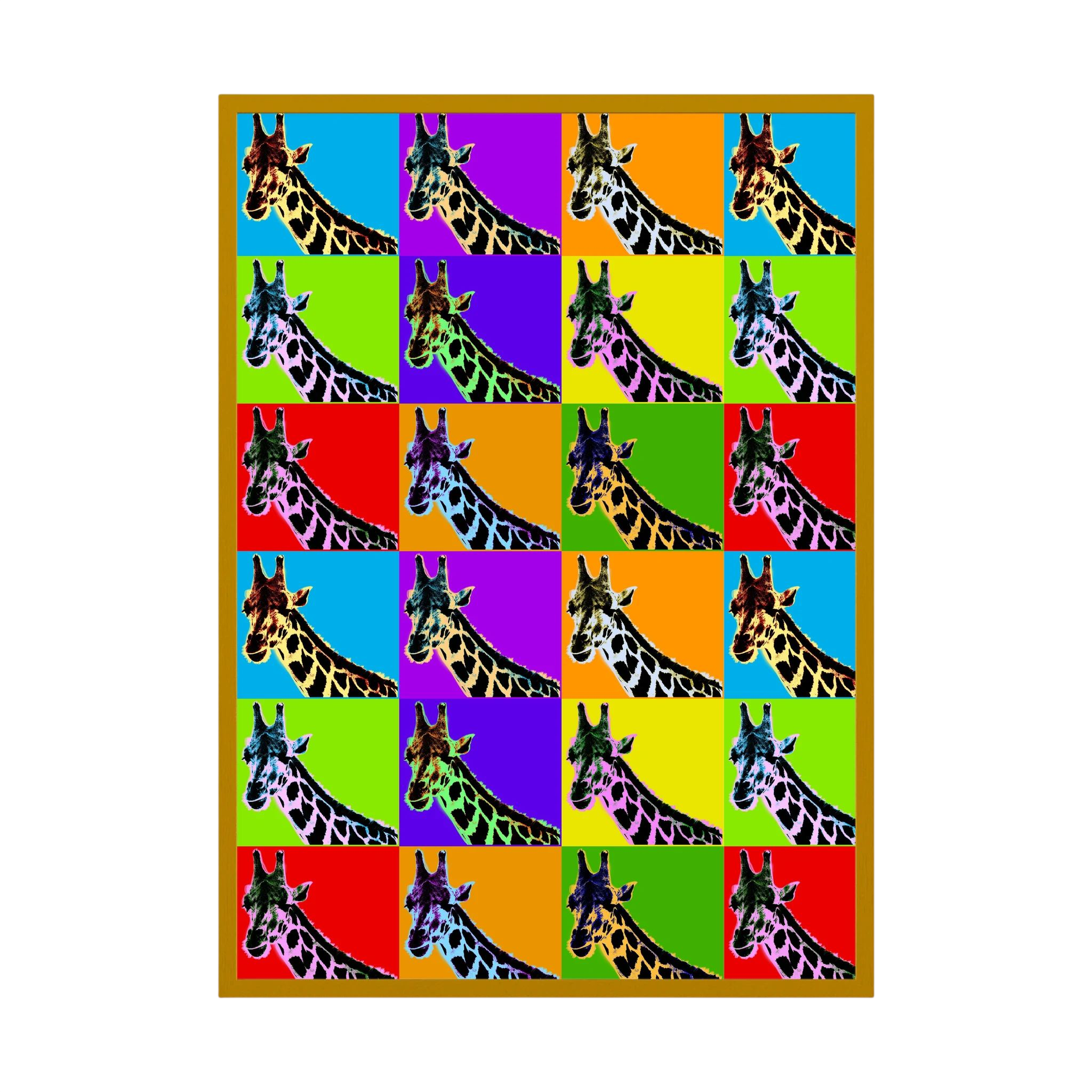 Grid of repeating giraffe portraits set against bright blue, purple, orange, green, yellow and red panels.