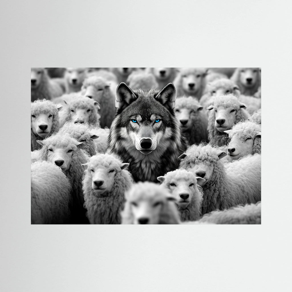 Black and white wolf with vivid blue eyes stands centred among a dense flock of white sheep.