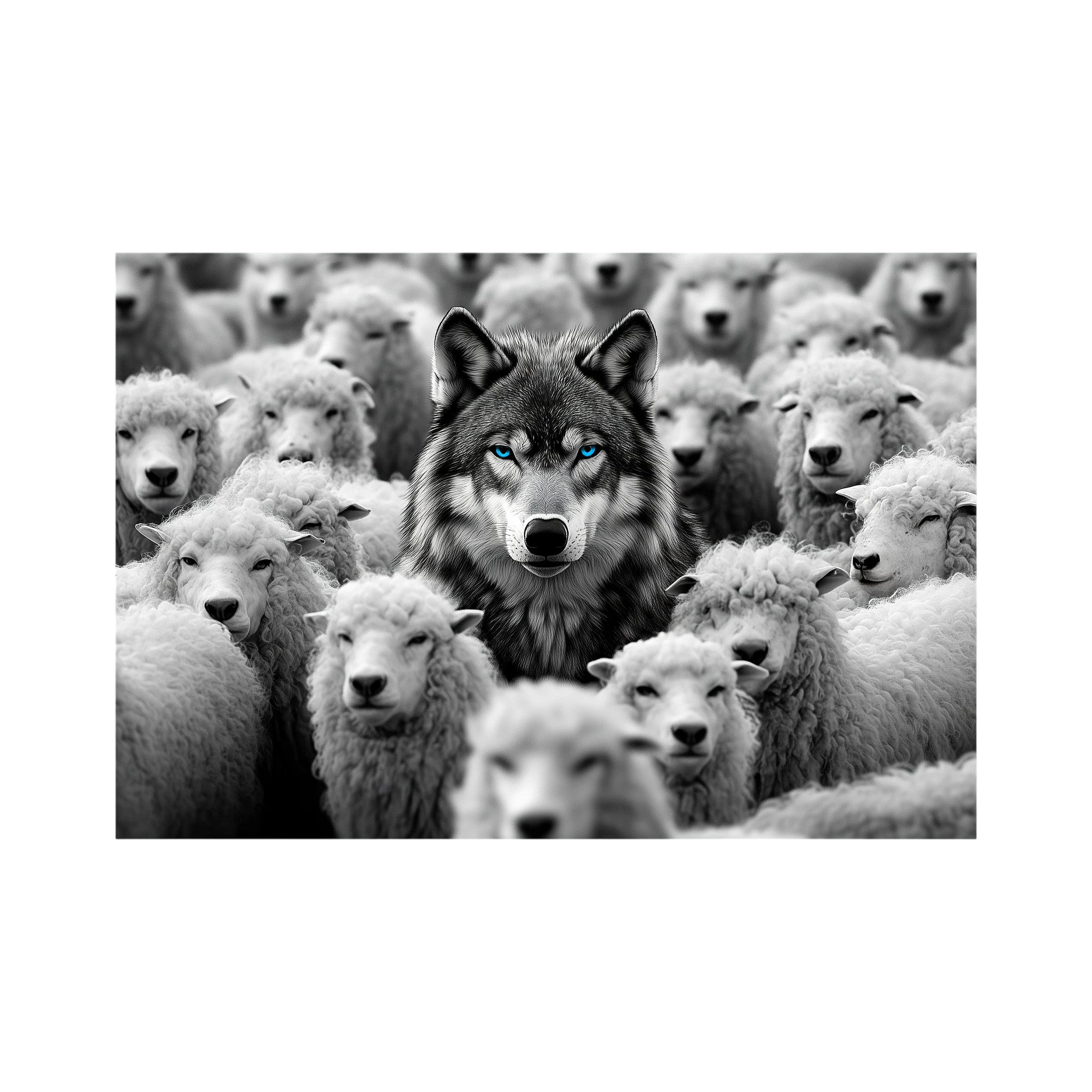 Black and white wolf with vivid blue eyes stands centred among a dense flock of white sheep.