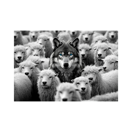 Black and white wolf with vivid blue eyes stands centred among a dense flock of white sheep.
